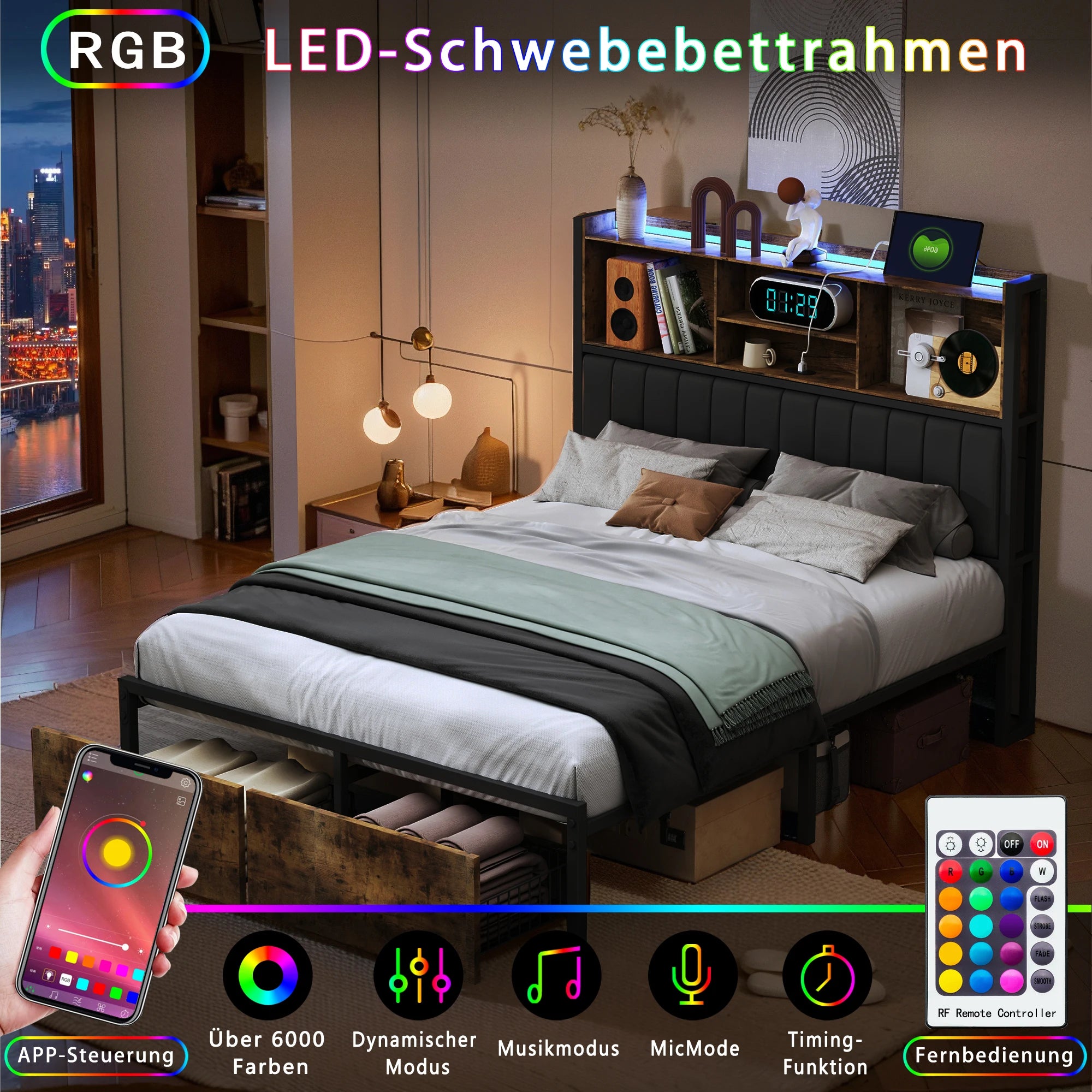 Bedframe 140–180x200 cm Zwart met LED‑verlichting en USB‑poorten – Gestoffeerd Opbergbed