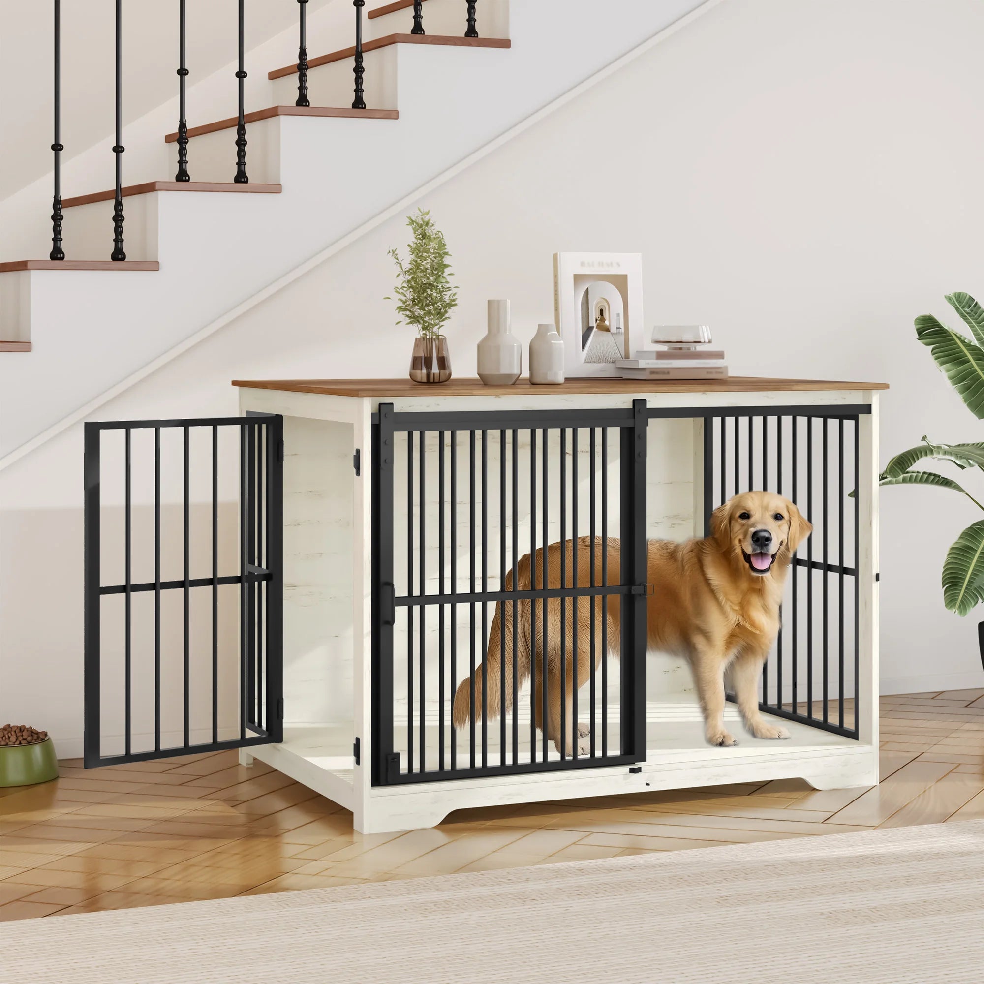 Houten Hondenbench Meubel XL met Schuifdeur – Design Hondenkooi voor Grote Honden – Industrieel Bijzettafel & Bench in Één