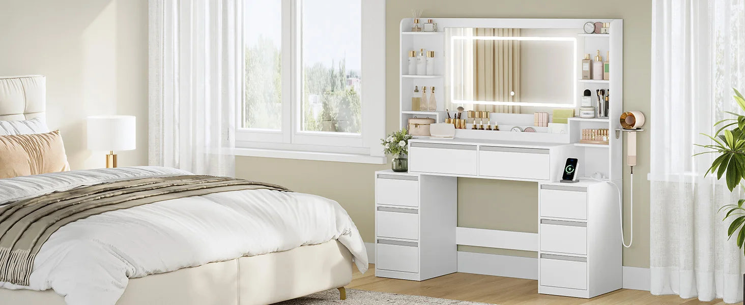 Kaptafel met Grote Spiegel en 8 Laden – Moderne Witte Make-up Tafel met Opbergruimte en Föhnhouder
