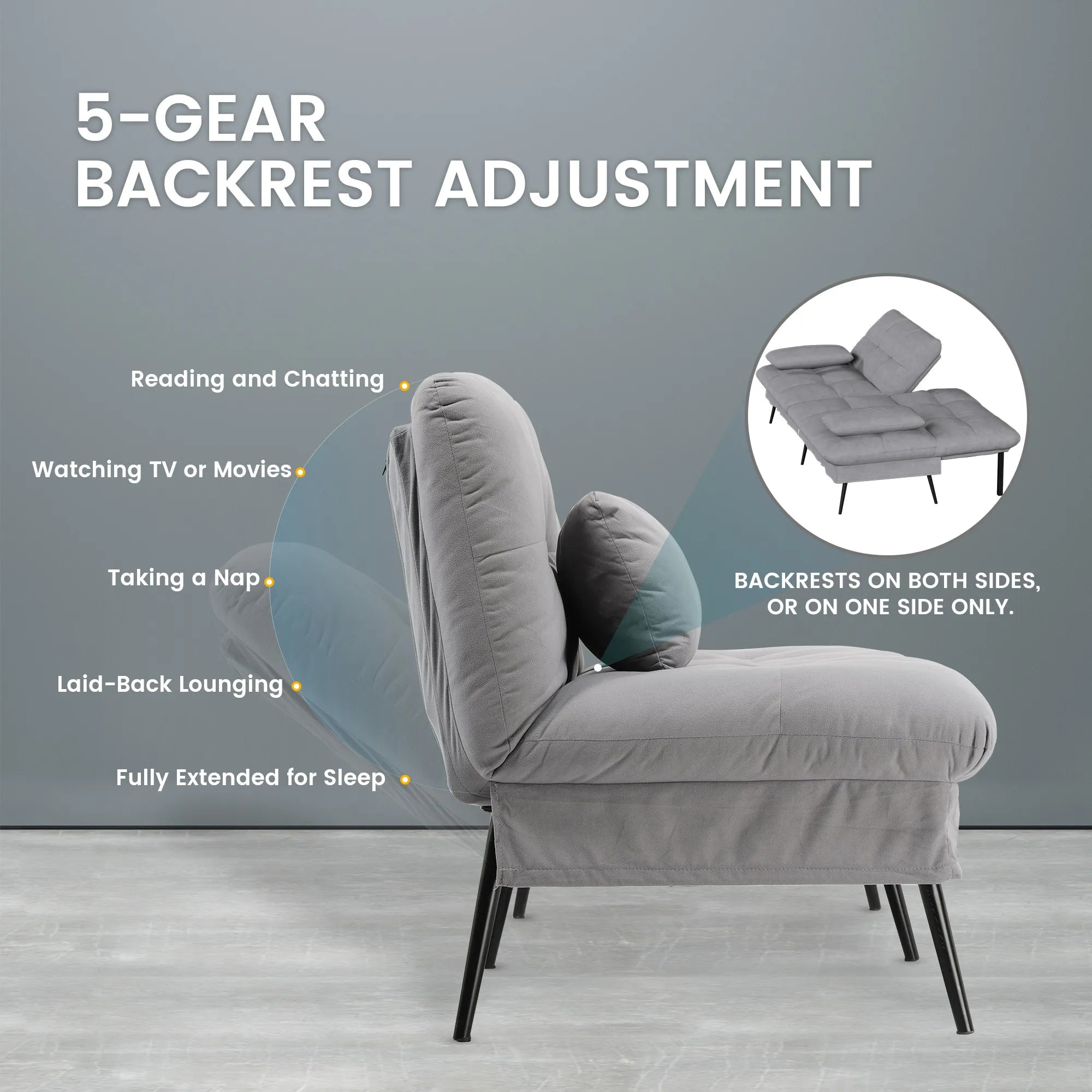 3-Zits Opvouwbare Slaapbank – Futon Hoekbank met Verstelbare Rugleuning – Grijs Stoffen Sofa Bed