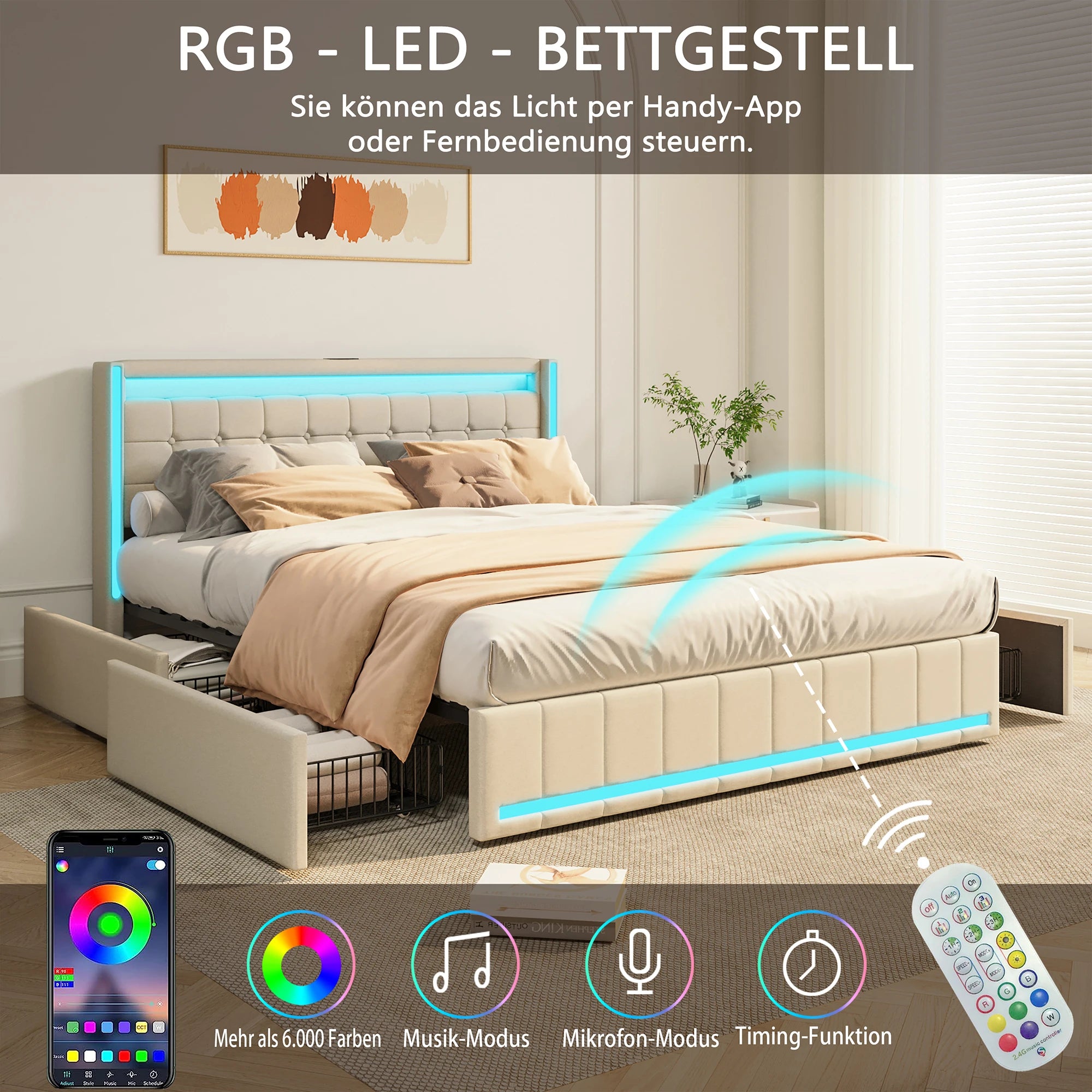 Linnen Bed 140-160x200 cm met Opberglades, LED Verlichting & USB Oplaadpoorten