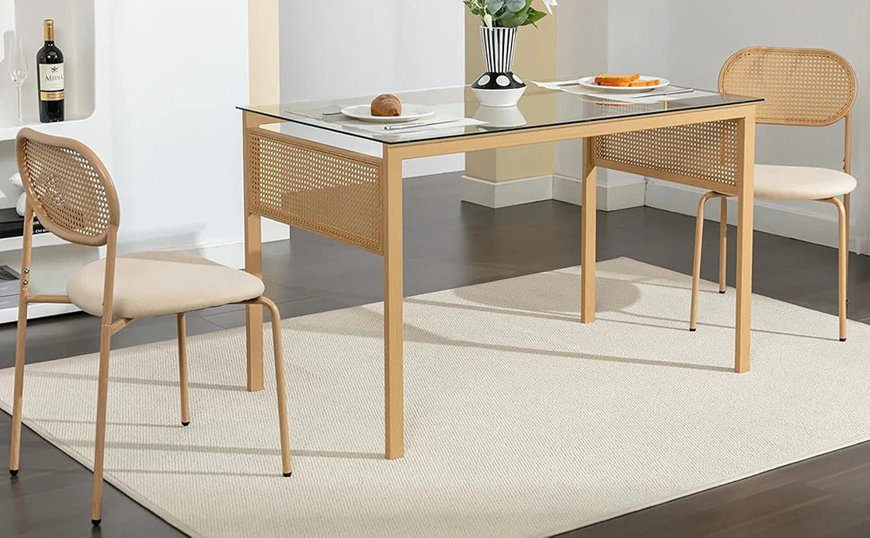 Retro Eetkamerstoelen Set van 2 met Rieten Rugleuning – Comfortabele Gestoffeerde Zitting, Stevig IJzeren Frame, Antislipvoetjes – Voor Keuken, Eetkamer & Terras