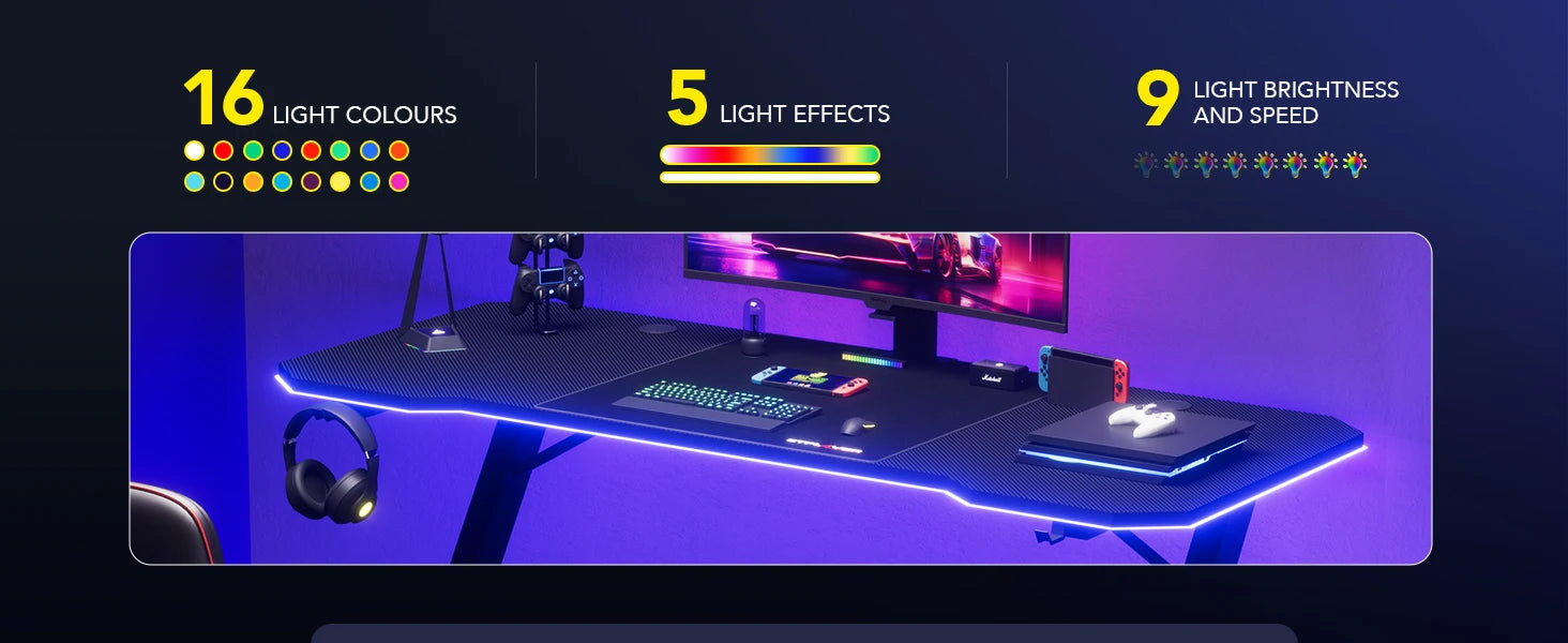 Gaming Bureau 120x60 cm met LED Verlichting & Stopcontact – Carbon Fiber Werkblad en Z-Frame