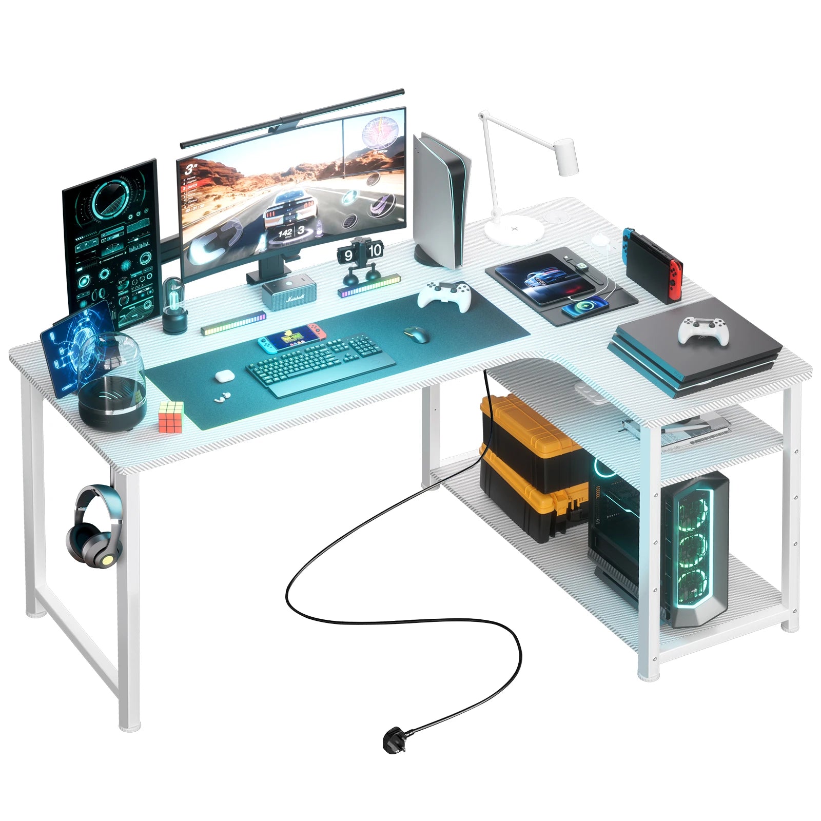 Gaming Bureau L-Vorm 120 cm met USB & Stopcontact – Hoekbureau met Opbergplanken – Water- & Krasbestendig