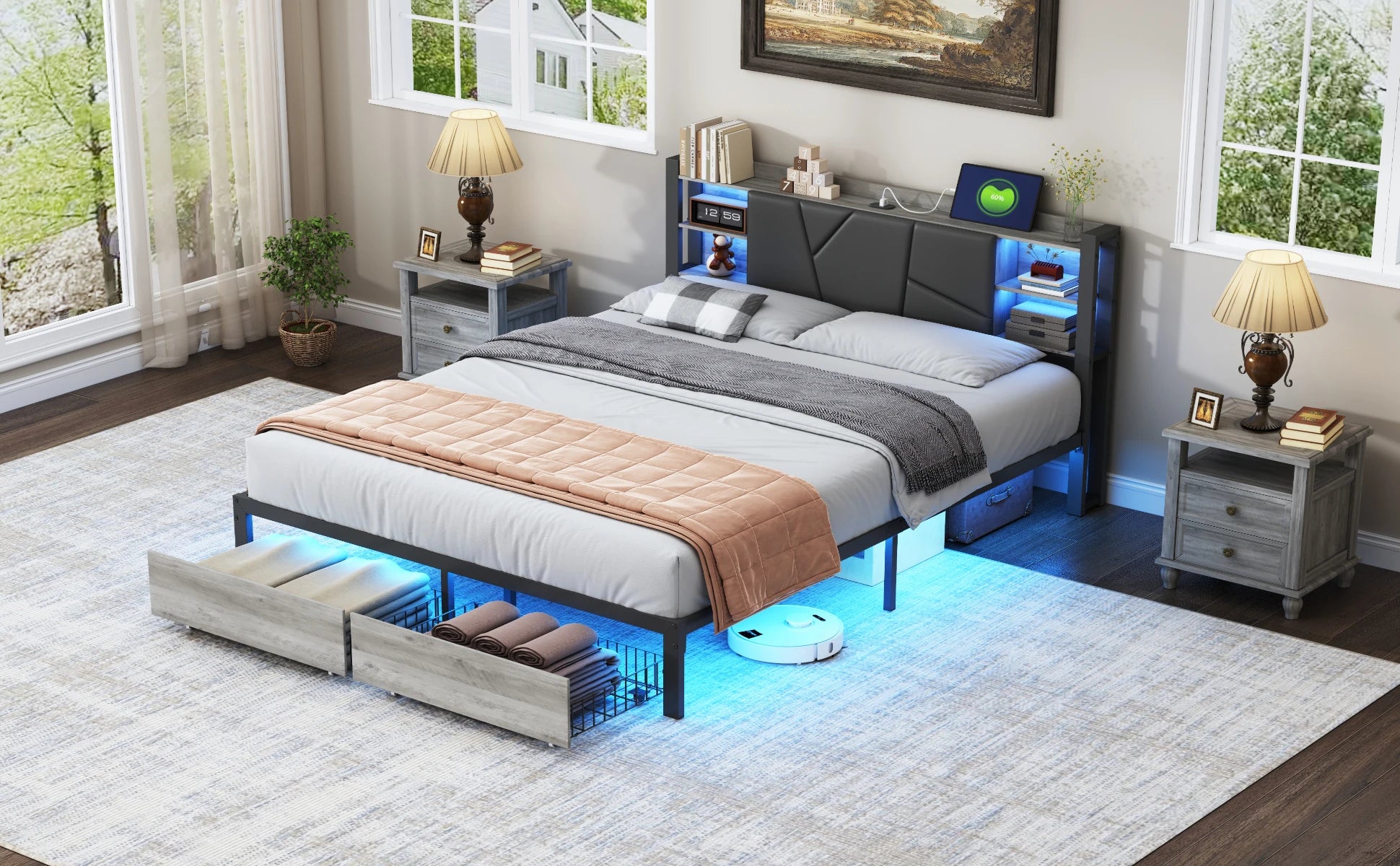 Gestoffeerd Tweepersoonsbed met Lade‑Opbergruimte, LED‑Verlichting en USB‑Oplaadpoort – 140/160/180 × 200 cm