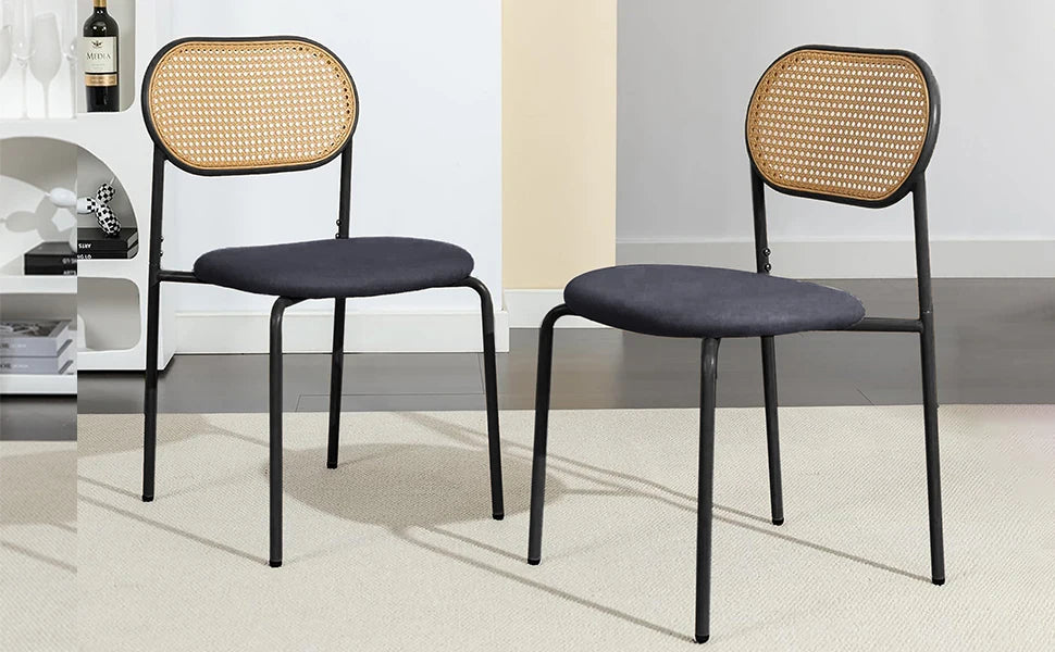 Retro Eetkamerstoelen Set van 2 met Rieten Rugleuning – Comfortabele Gestoffeerde Zitting, Stevig IJzeren Frame, Antislipvoetjes – Voor Keuken, Eetkamer & Terras