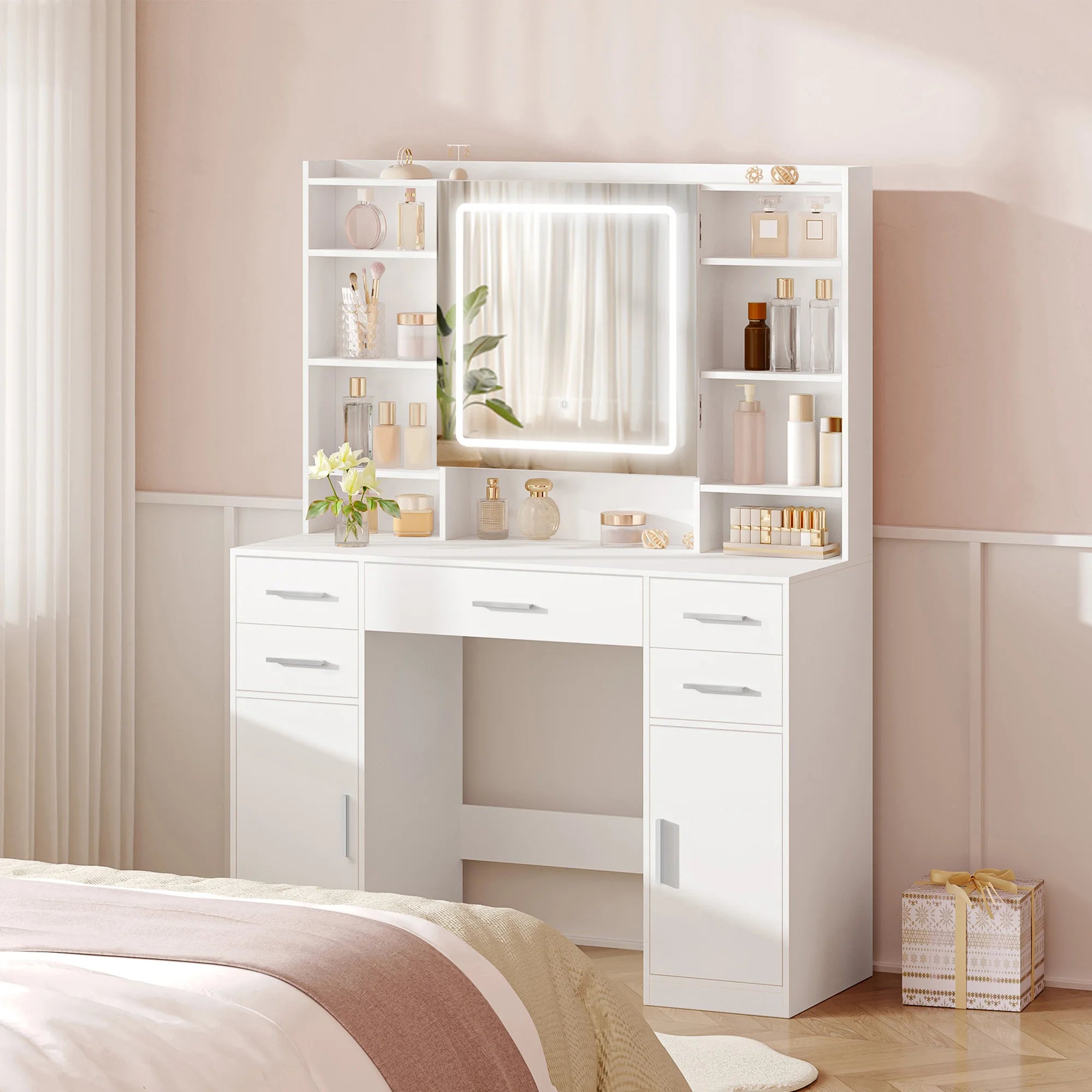 Kaptafel met Spiegel – Moderne Make‑Up Tafel met 5 Laden, 2 Kastjes & 9 Open Vakken