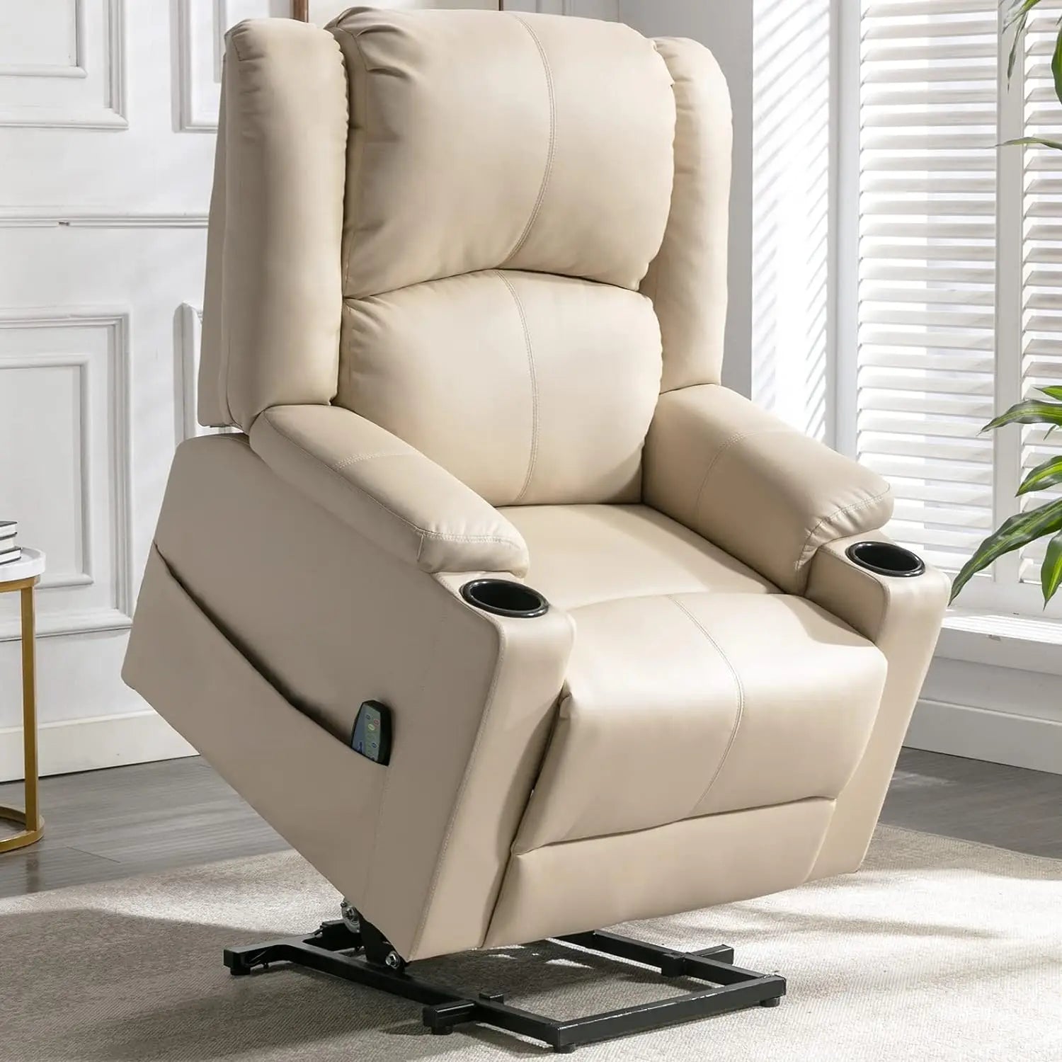 Elektrische Sta-op Relaxfauteuil met Massagefunctie – Verstelbare TV Stoel met Liftfunctie, Kunstleer & Bekerhouders