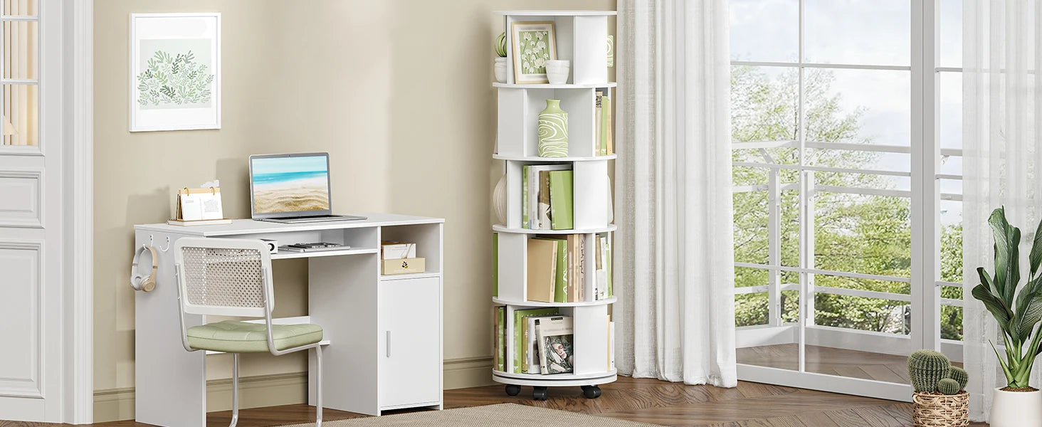 Draaibare Boekenkast 5‑Laags – 360° Roterend Boekenrek met Wielen – Wit