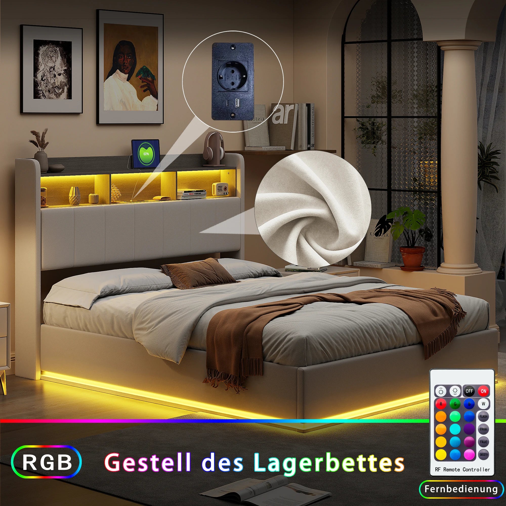 Gestoffeerd bed 140x200 cm met LED‑verlichting en hydraulische opbergruimte – modern en praktisch design