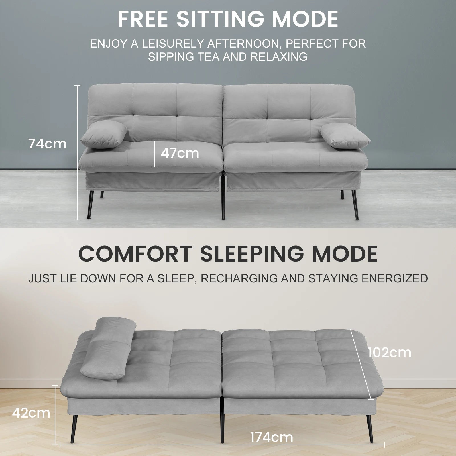 3-Zits Opvouwbare Slaapbank – Futon Hoekbank met Verstelbare Rugleuning – Grijs Stoffen Sofa Bed