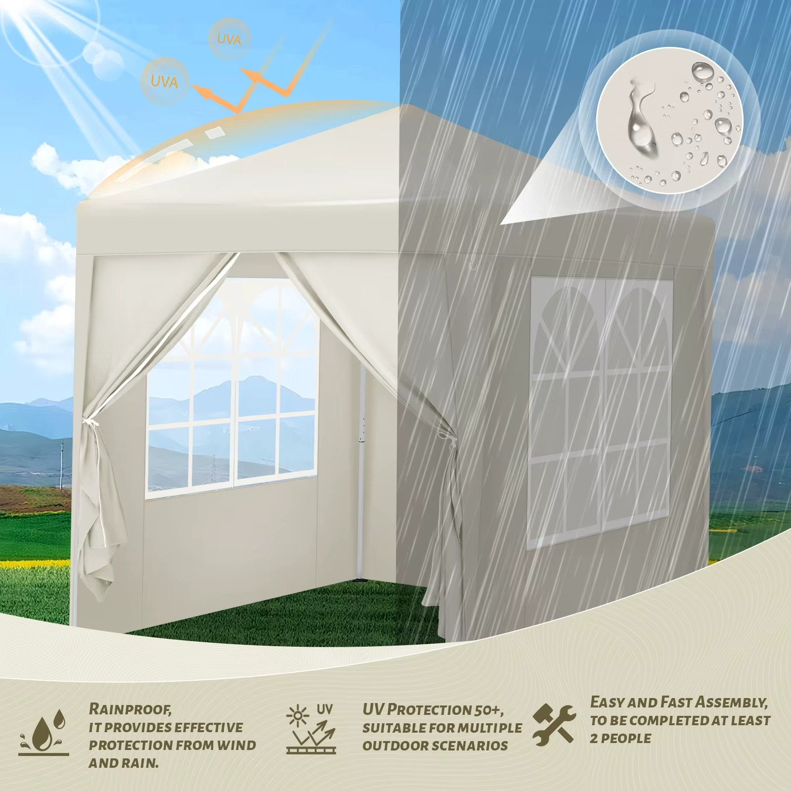 Easy Up Partytent 2×2 m – Opvouwbaar Paviljoen met 4 Zijwanden
