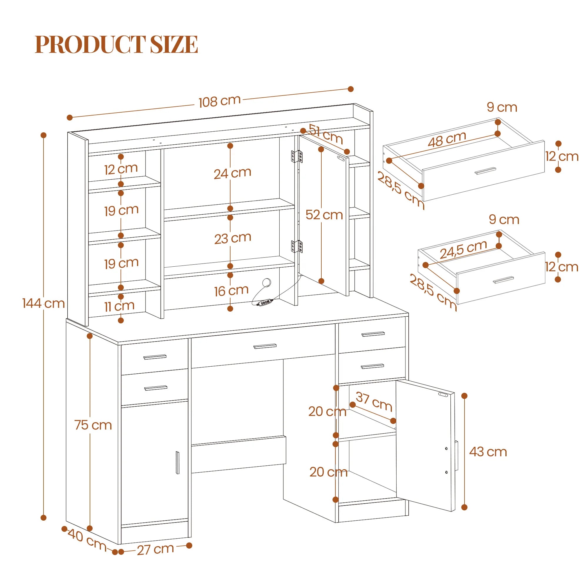 Kaptafel met Spiegel – Moderne Make‑Up Tafel met 5 Laden, 2 Kastjes & 9 Open Vakken