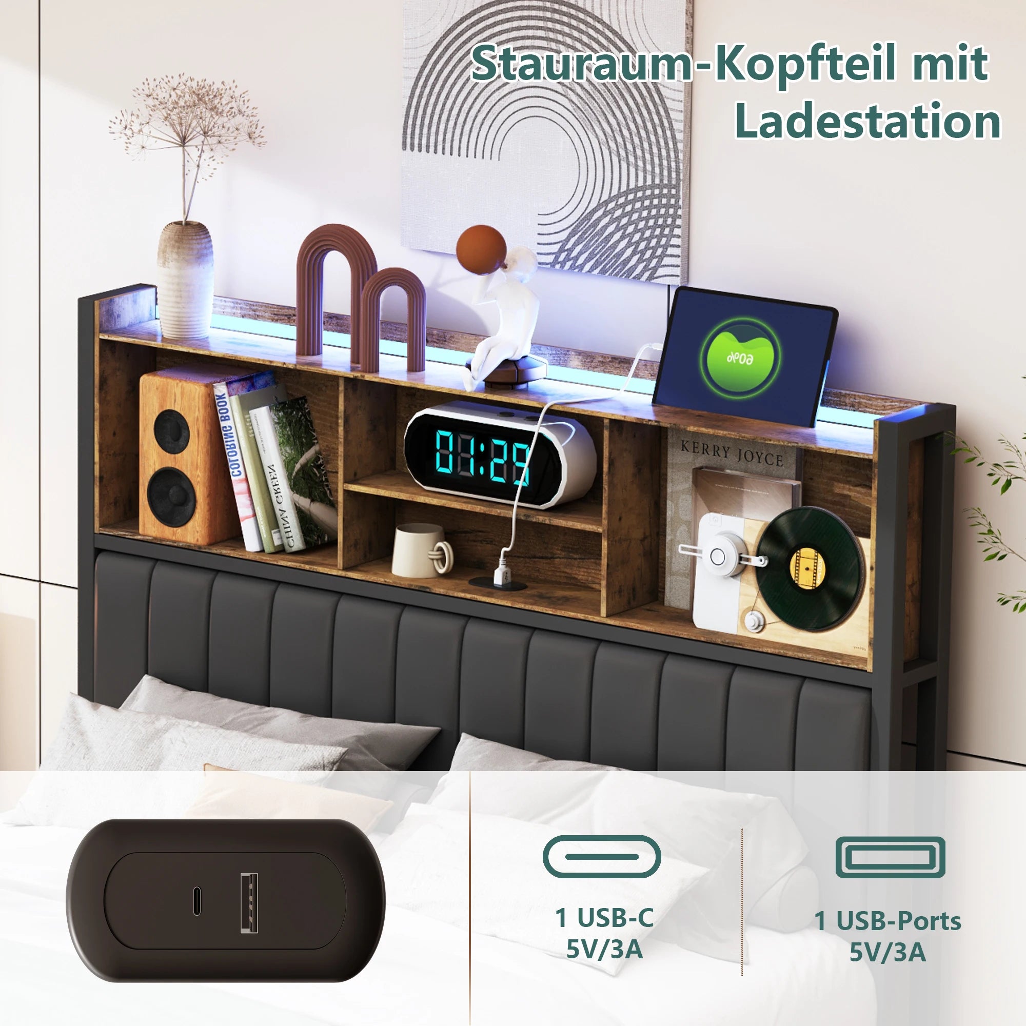 Bedframe 140–180x200 cm Zwart met LED‑verlichting en USB‑poorten – Gestoffeerd Opbergbed