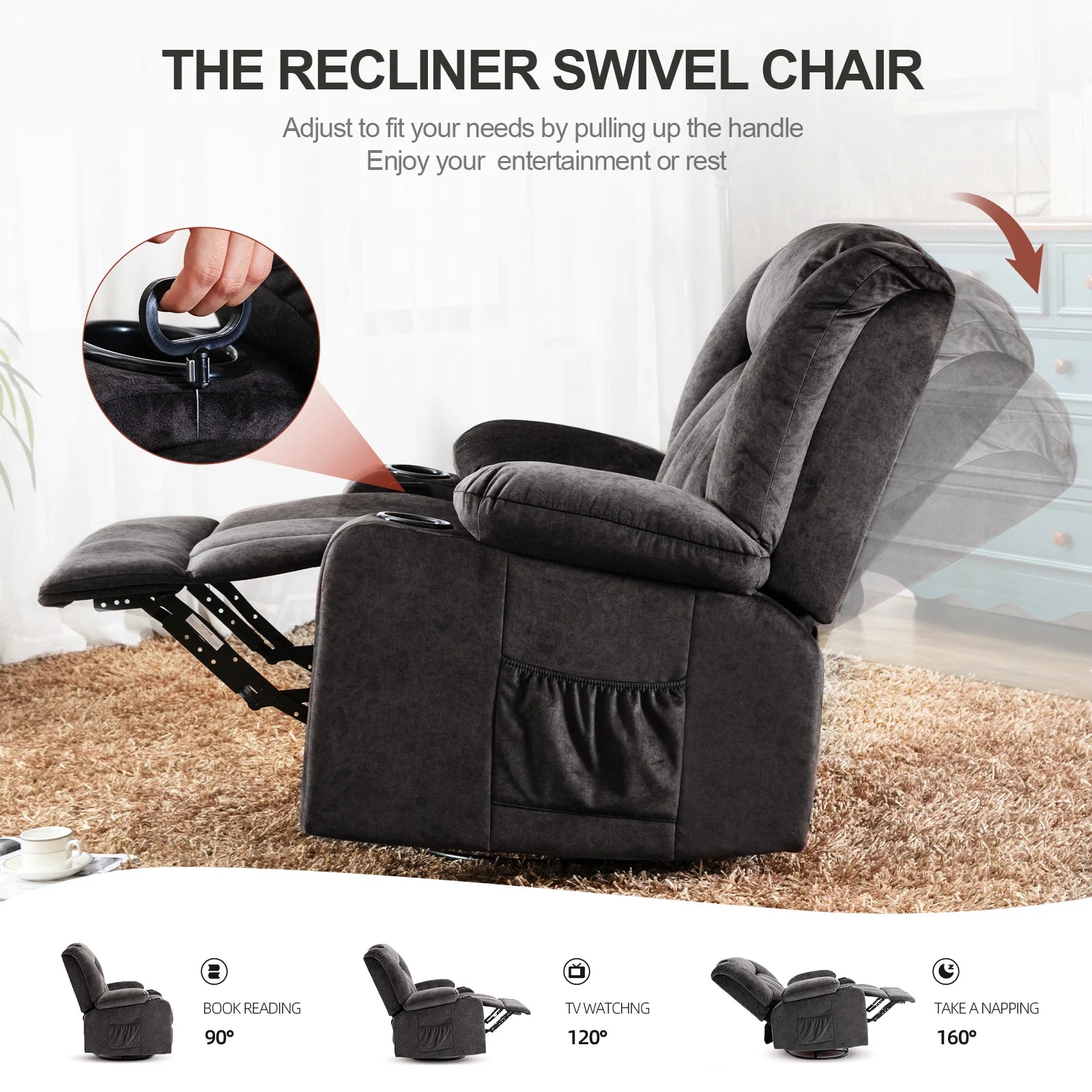 Verstelbare Relax Fauteuil met Voetensteun en Bekerhouders – Luxe TV Stoel 90°–160° Ergonomisch Comfort
