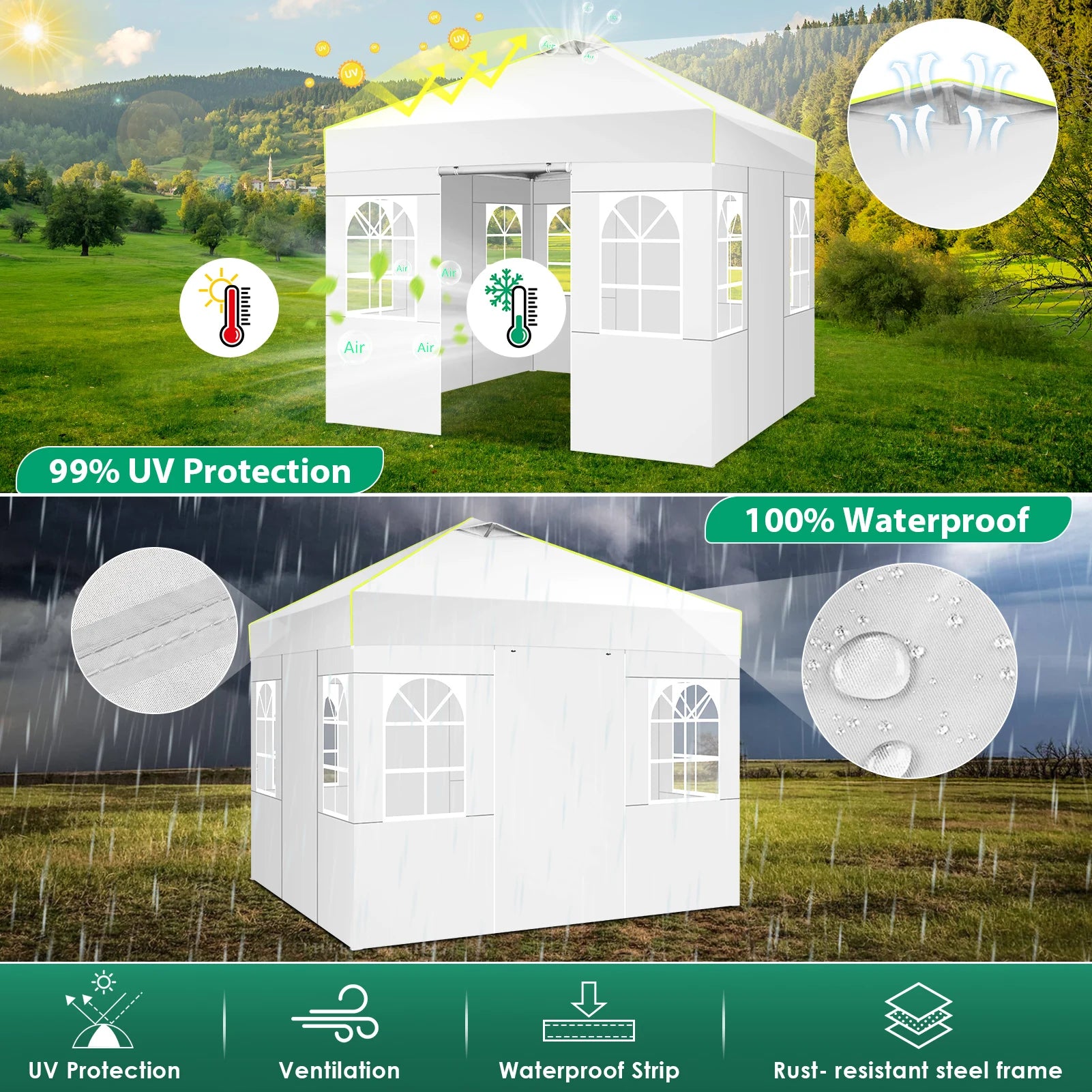 Pop-up Partytent 3x3 m Waterdicht met 4 Zijwanden – Opvouwbaar Tuinpaviljoen met UV50+ Bescherming voor Tuin & Evenementen