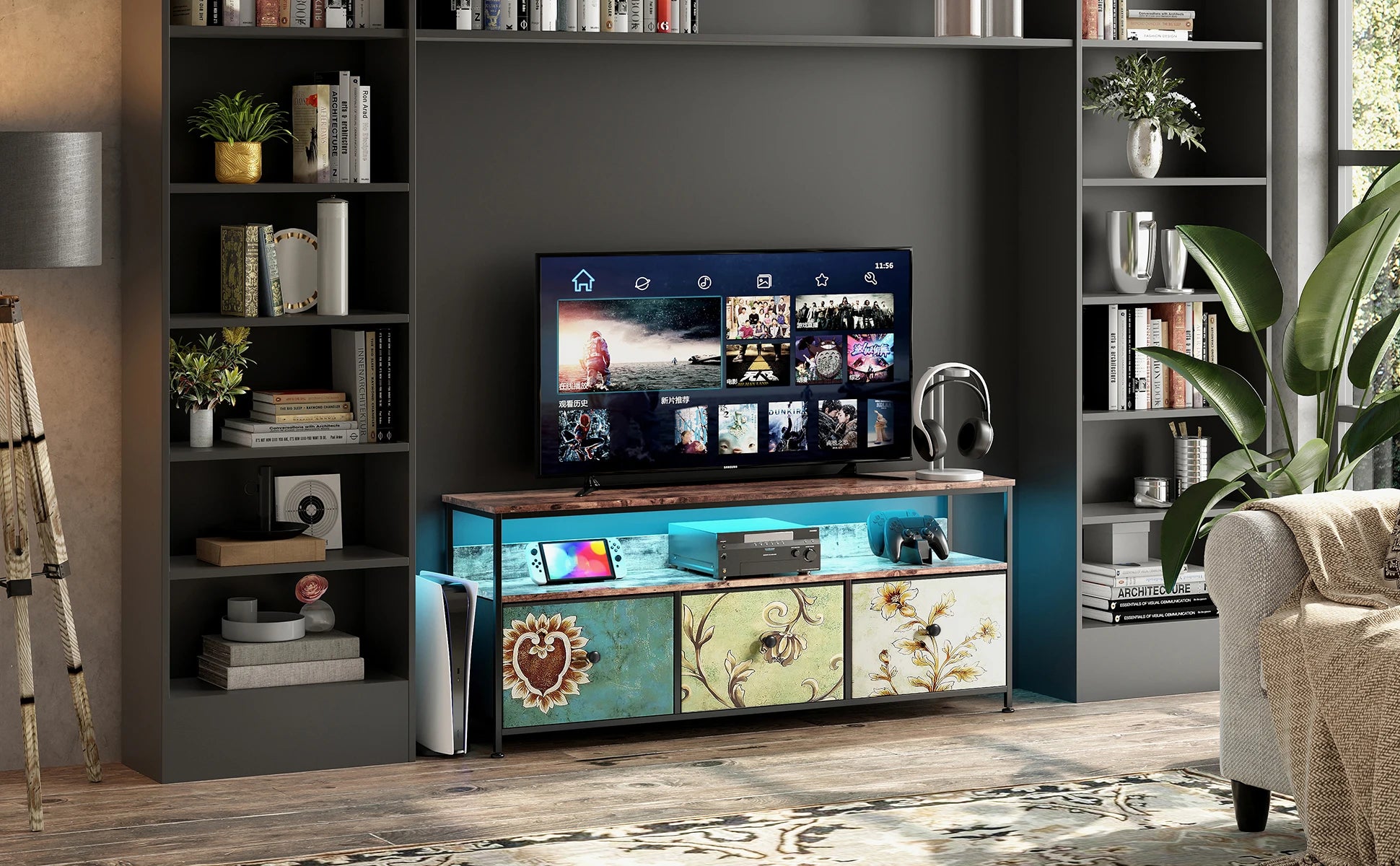 Vintage LED TV‑Meubel met 3 Stoffen Lades – Industrieel & Retro Design