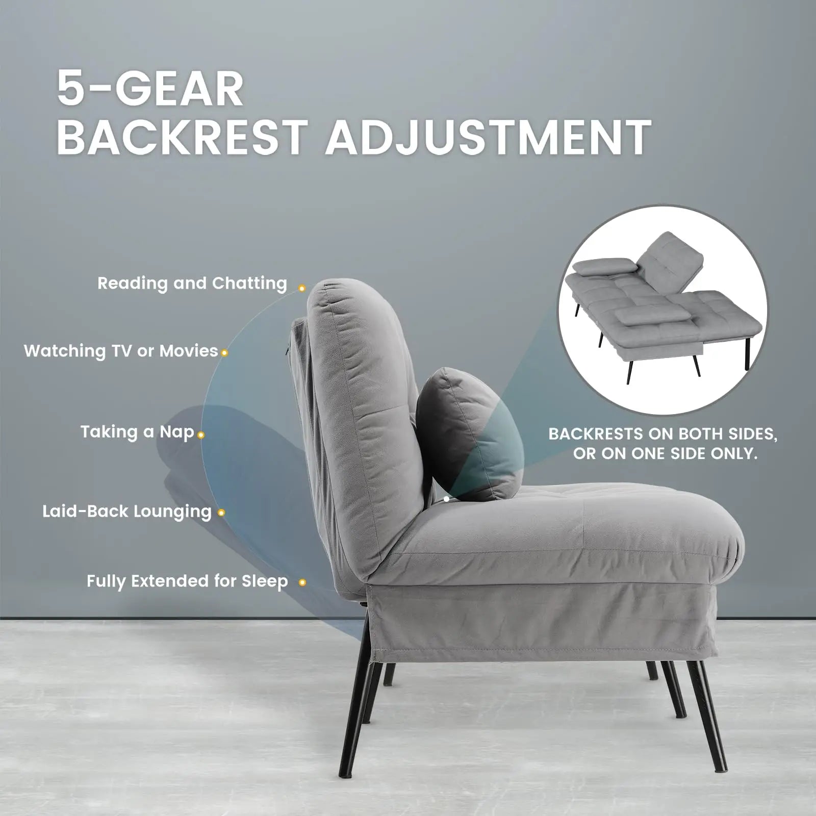 3-Zits Opvouwbare Slaapbank – Futon Hoekbank met Verstelbare Rugleuning – Grijs Stoffen Sofa Bed