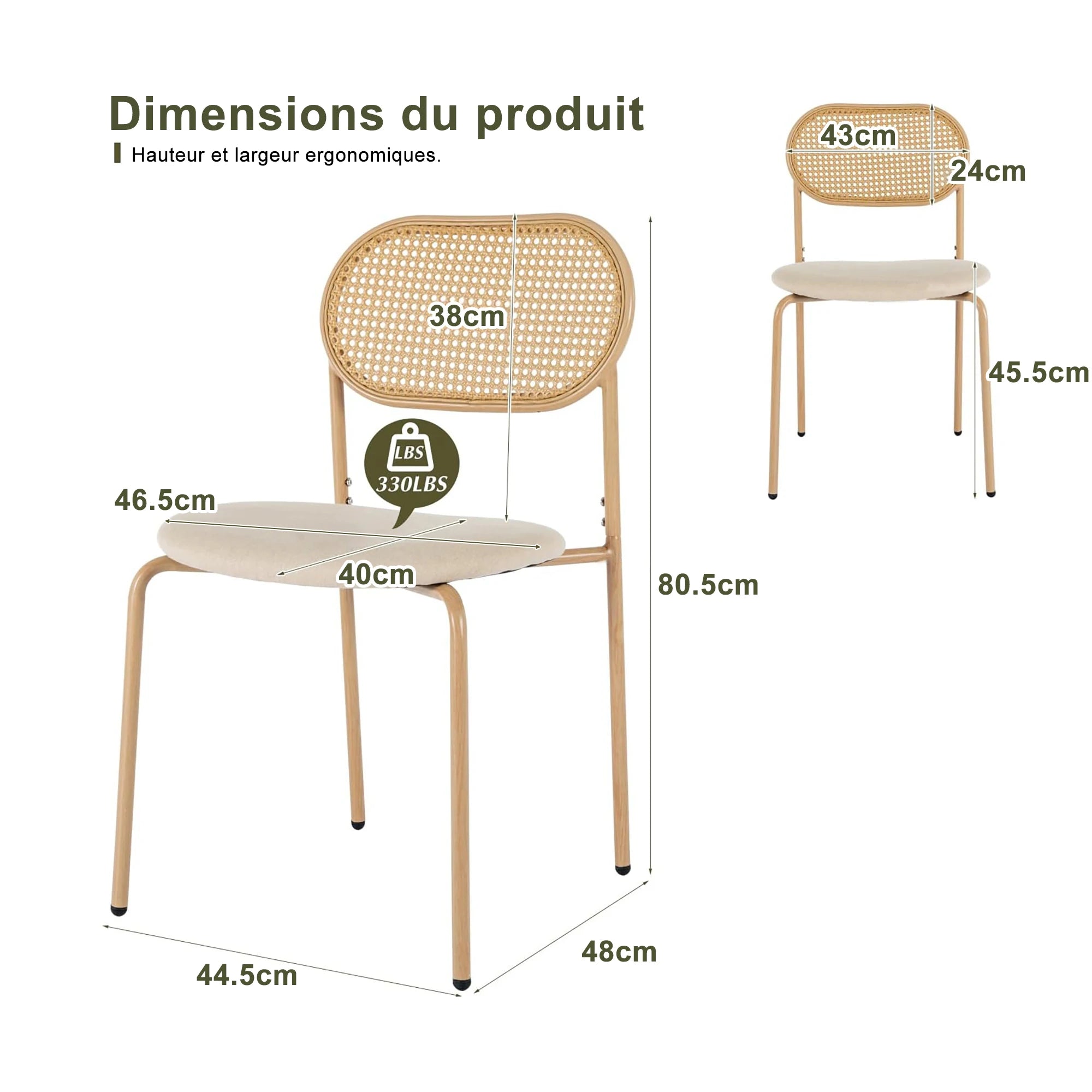 Retro Eetkamerstoelen Set van 2 met Rieten Rugleuning – Comfortabele Gestoffeerde Zitting, Stevig IJzeren Frame, Antislipvoetjes – Voor Keuken, Eetkamer & Terras