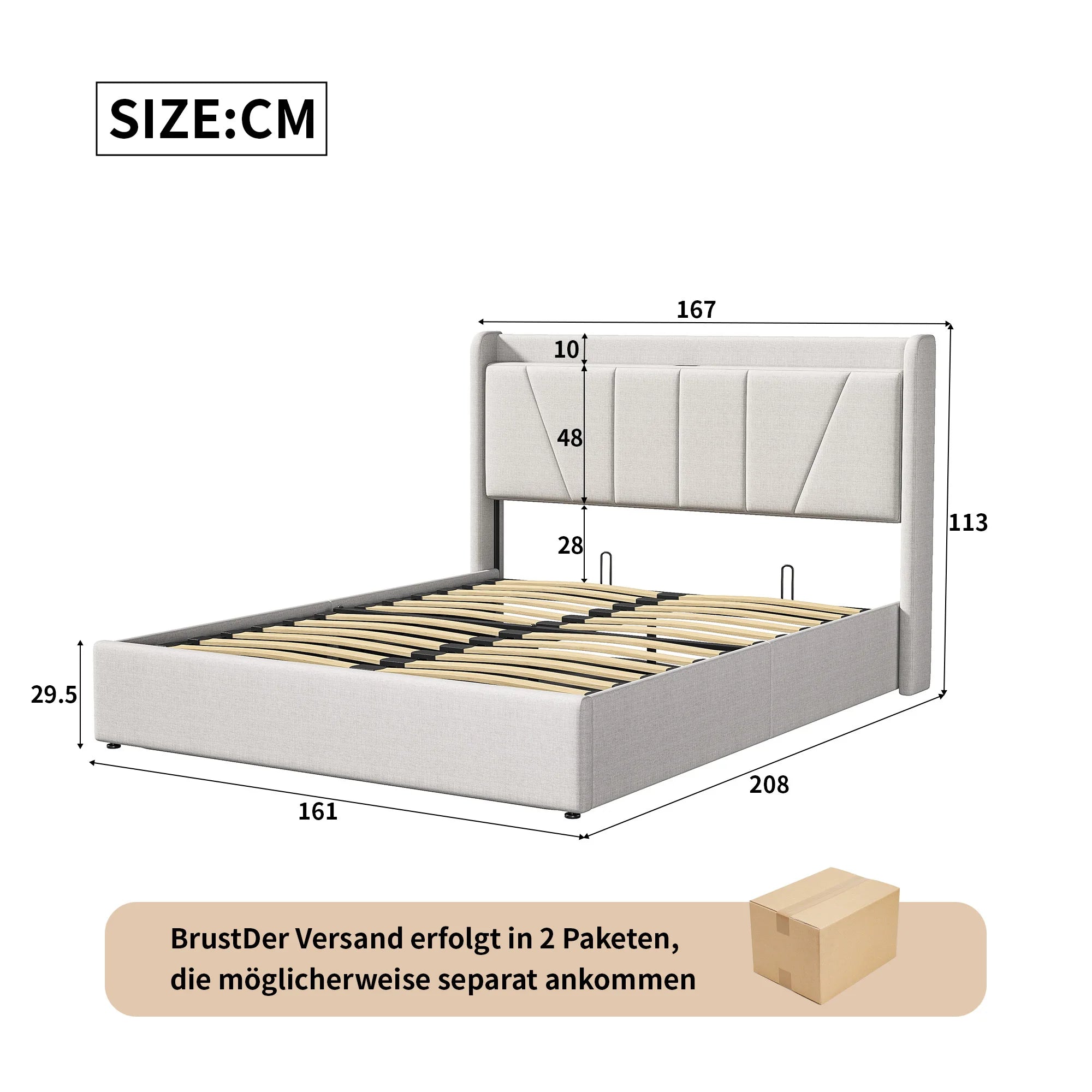 Tweepersoonsbed met Opbergruimte en USB‑Aansluiting – 140/160×200 cm – Gestoffeerd Bedframe