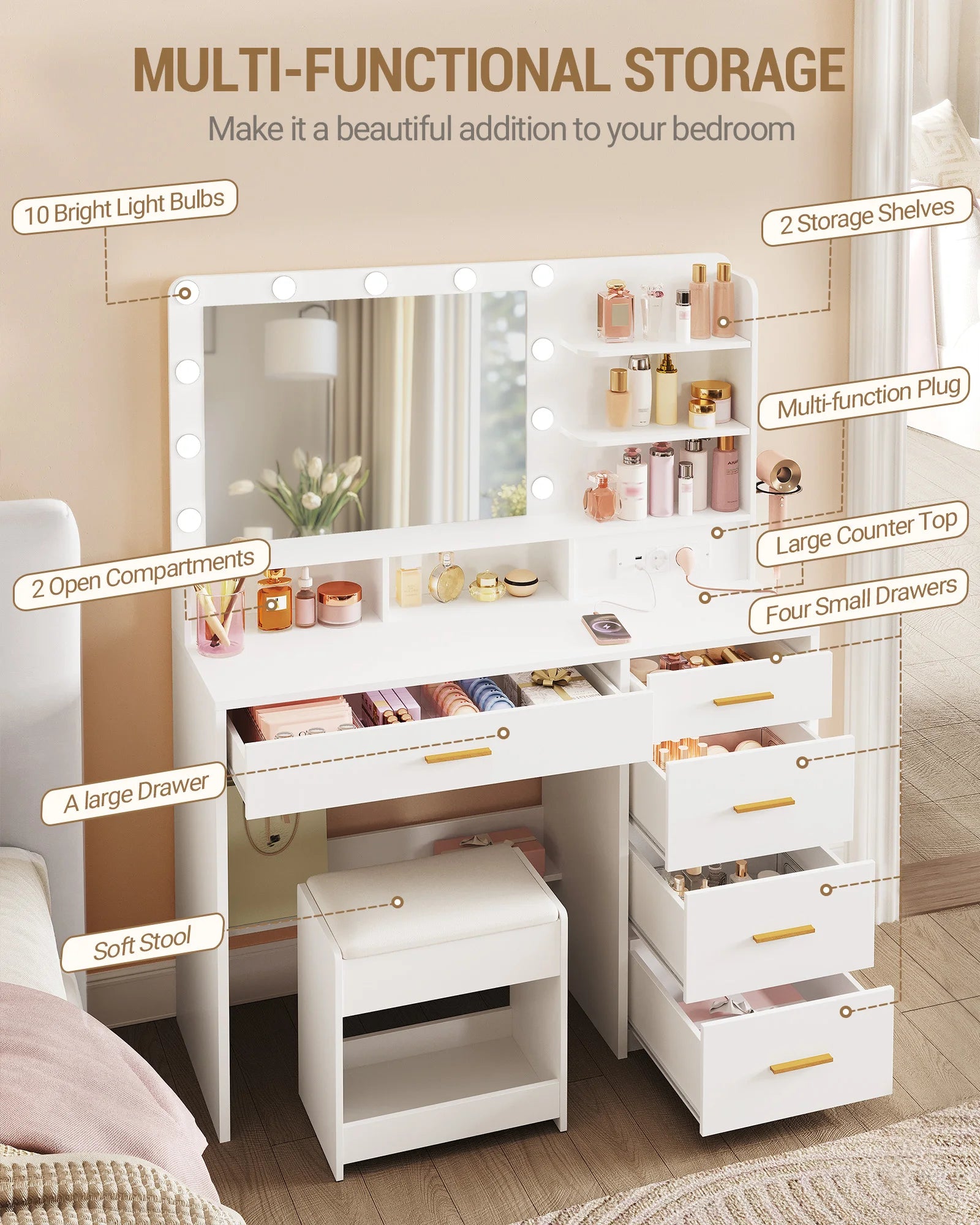 Grote Make‑up Tafel met LED Spiegel, Kruk en Oplaadstation – Moderne Schoonheidstafel voor Slaapkamer