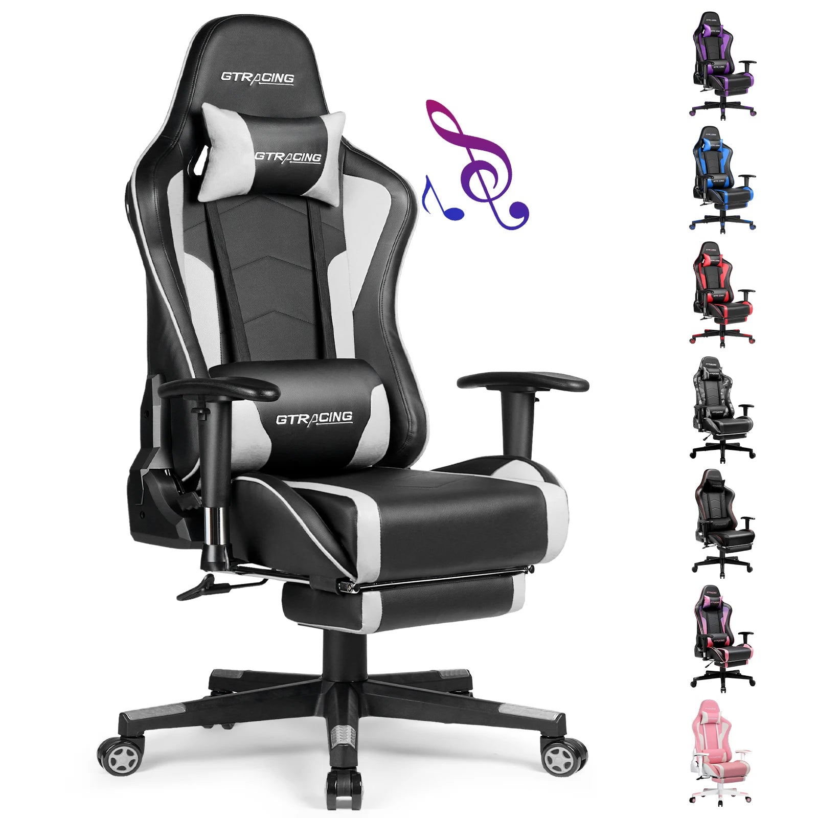 Gamingstoel met Bluetooth Speakers – Ergonomische Bureaustoel met Voetensteun en PU Leer (Recline 150°)