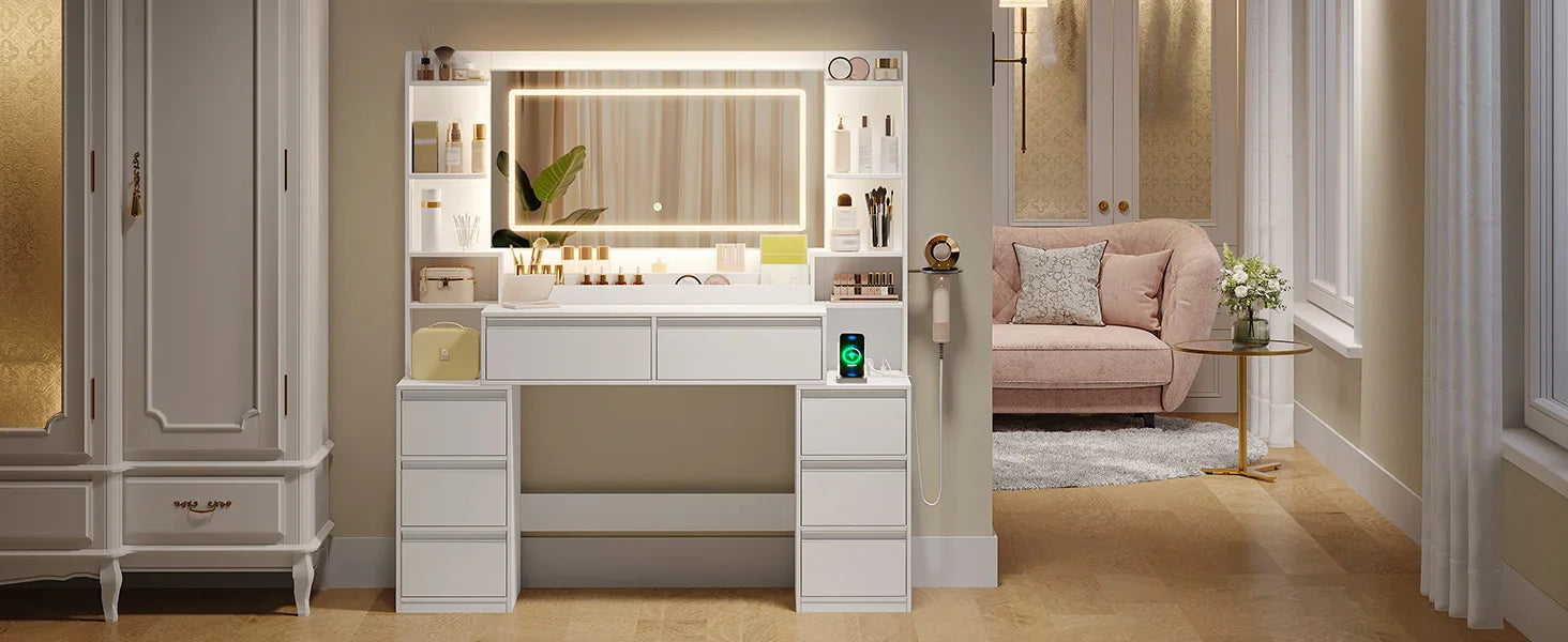 Kaptafel met Grote Spiegel en 8 Laden – Moderne Witte Make-up Tafel met Opbergruimte en Föhnhouder