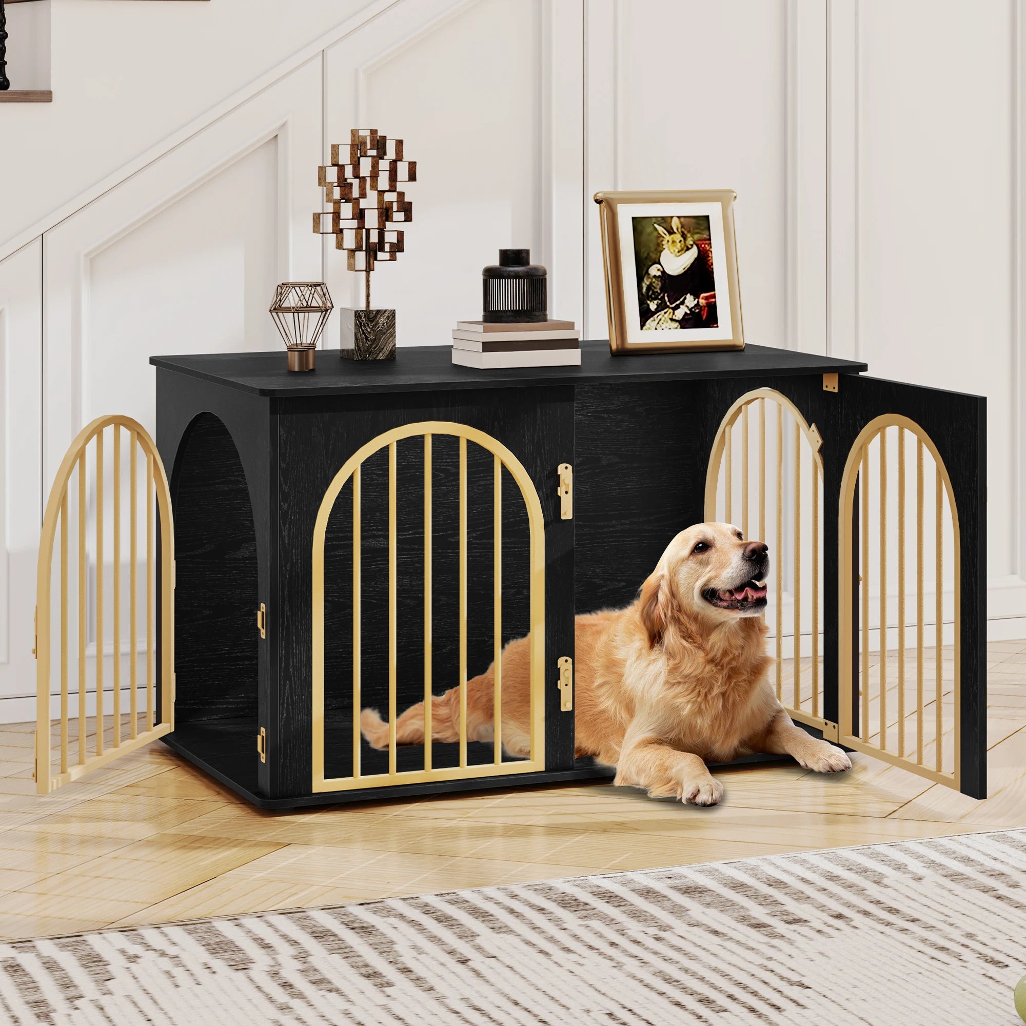 Houten Hondenbench Meubel 100 cm – Luxe Design Hondenkooi met 3 Deuren – Stevige Dog Crate voor Binnen – Bijzettafel & TV Meubel