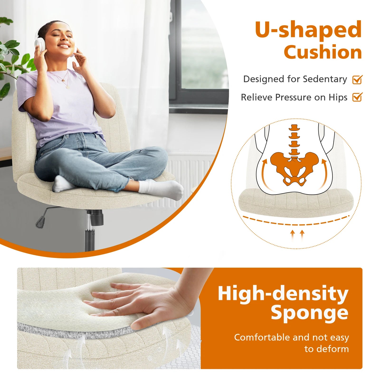 Brede verstelbare armloze draaistoel voor kantoor, woonkamer, gaming & bureau – comfortabele stof – 360° swivel