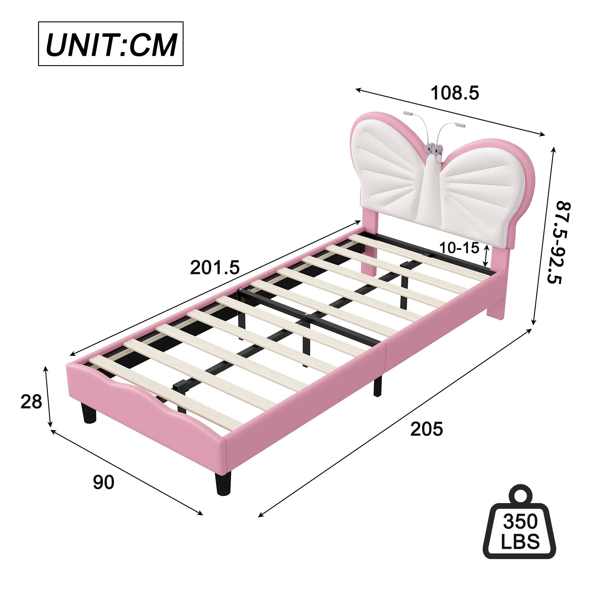 Kinderbed 90x200 cm verstelbaar hoofdeinde – meisjesbed met LED‑leeslampjes