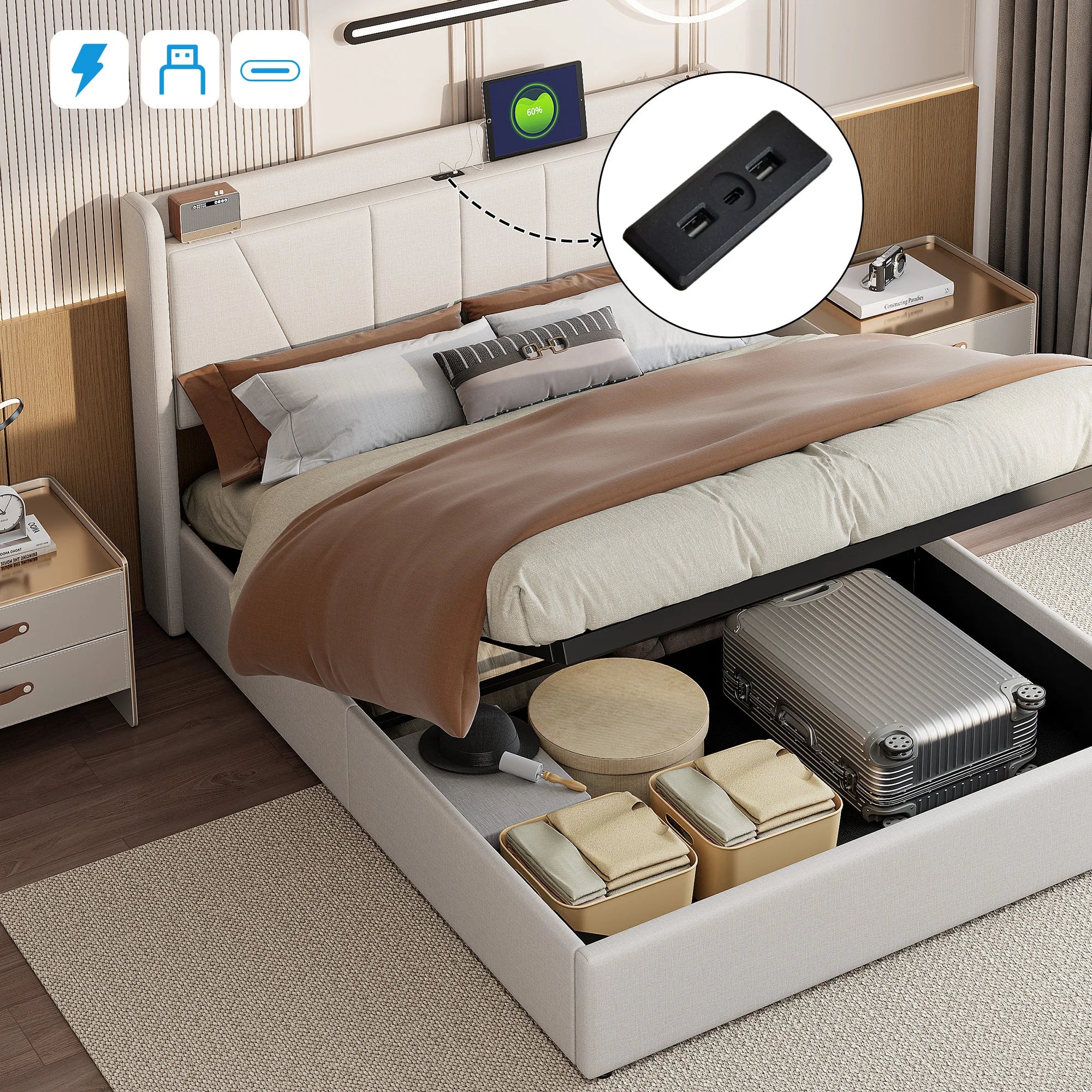 Tweepersoonsbed met Opbergruimte en USB‑Aansluiting – 140/160×200 cm – Gestoffeerd Bedframe