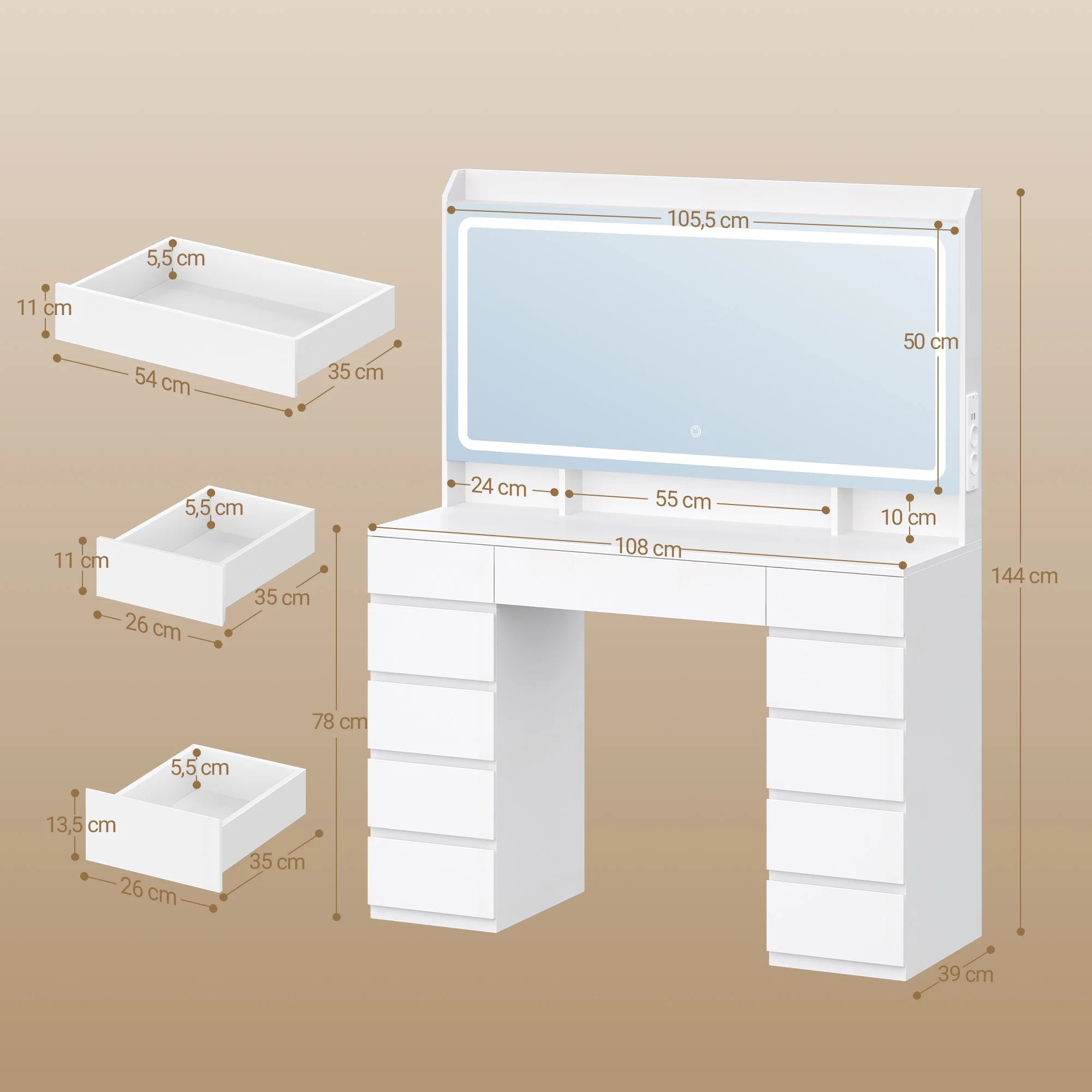 Grote Kaptafel met LED Spiegel en 11 Lades – Luxe Make‑uptafel met Verlichting & USB‑Poorten