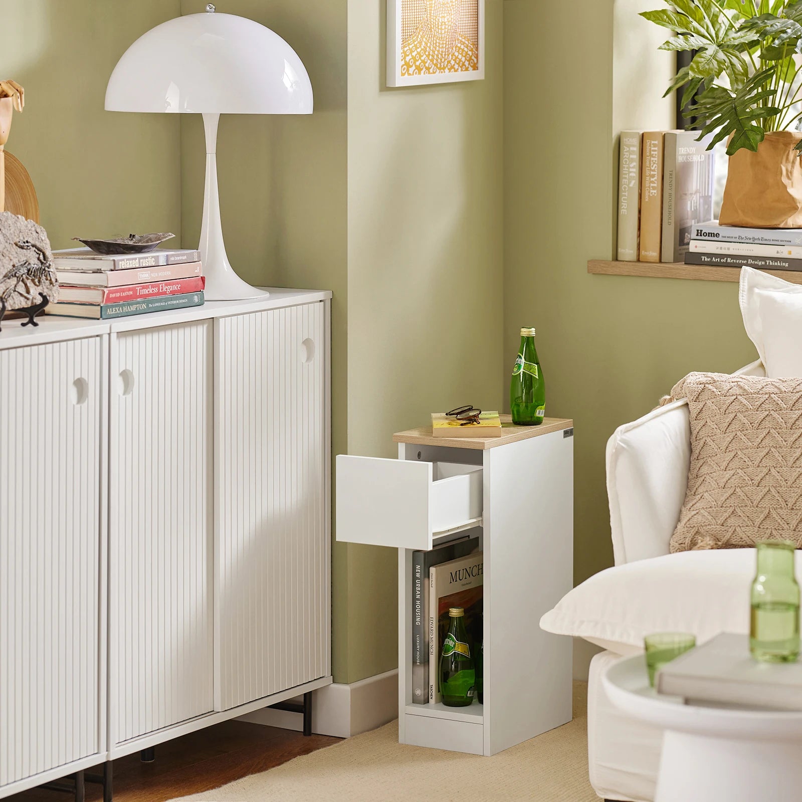 Smal Nachtkastje met Lade – 20 cm Breed Moderne Bijzettafel voor Slaapkamer en Woonkamer