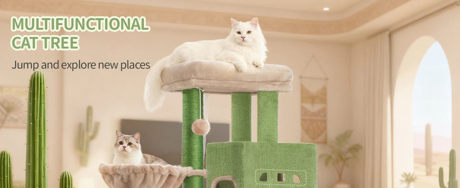 Krabpaal 98 cm – Stabiele Kattenboom met Grote Ligplek, 2 Holletjes, Sisal Krabpalen & Speelballen – Ideaal voor Meerdere Katten