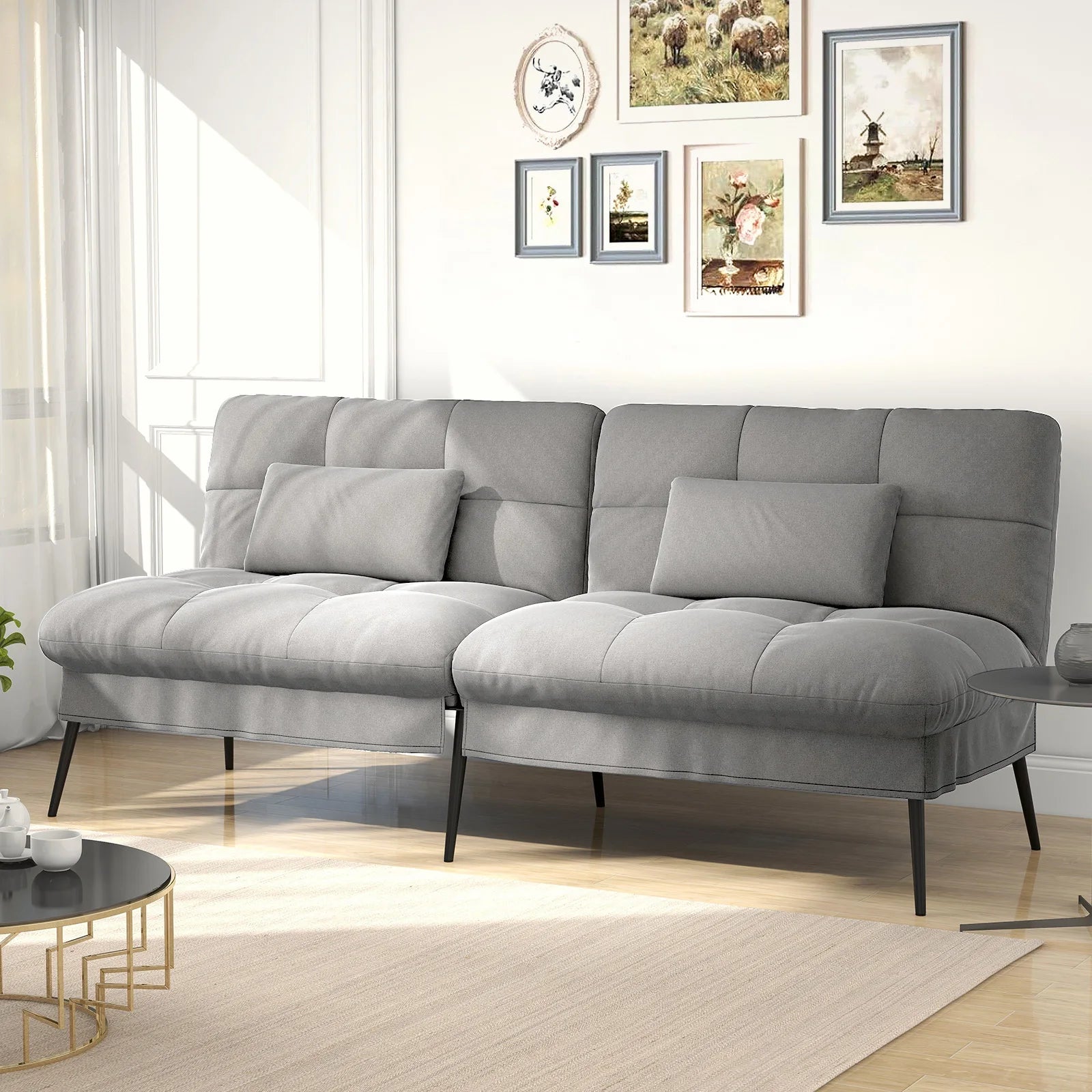 3-Zits Opvouwbare Slaapbank – Futon Hoekbank met Verstelbare Rugleuning – Grijs Stoffen Sofa Bed