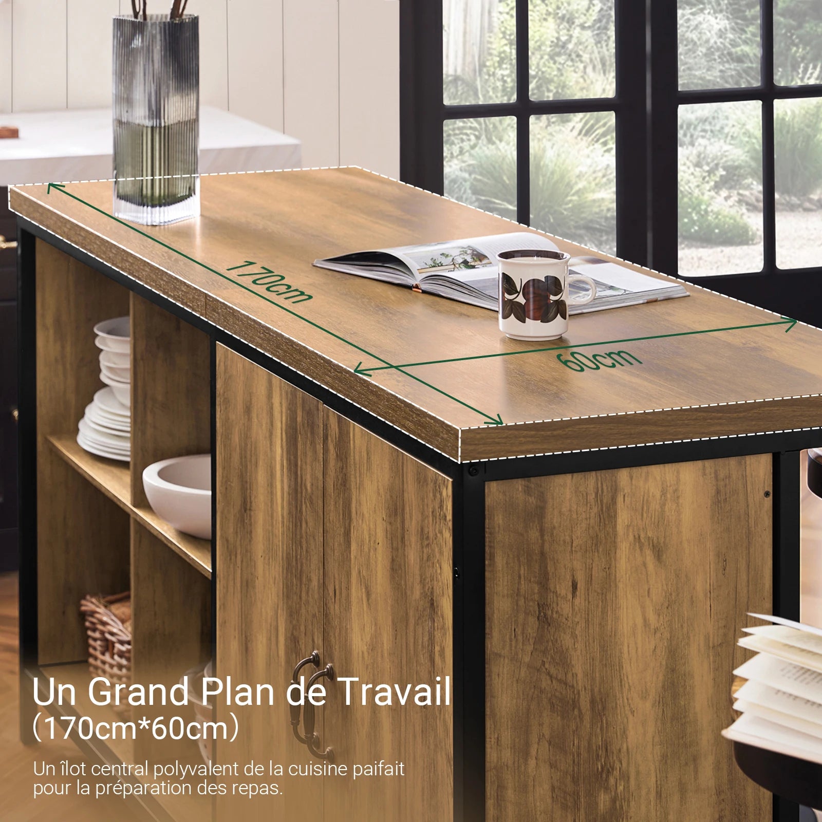 Vrijstaand Industrieel Keukeneiland 170 cm – Dressoir Bartafel met Opbergruimte – Metaal & MDF Bruin