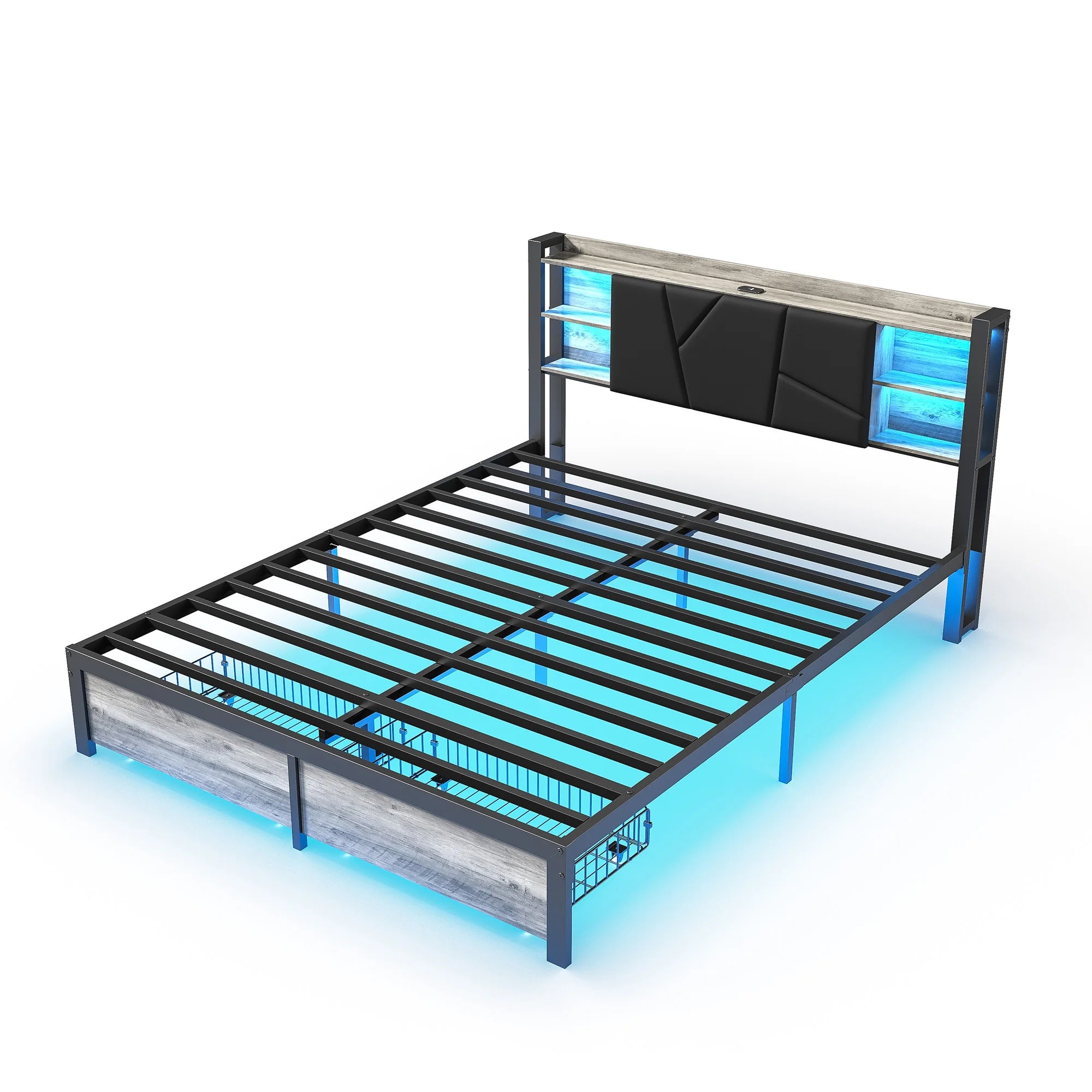 Gestoffeerd Tweepersoonsbed met Lade‑Opbergruimte, LED‑Verlichting en USB‑Oplaadpoort – 140/160/180 × 200 cm