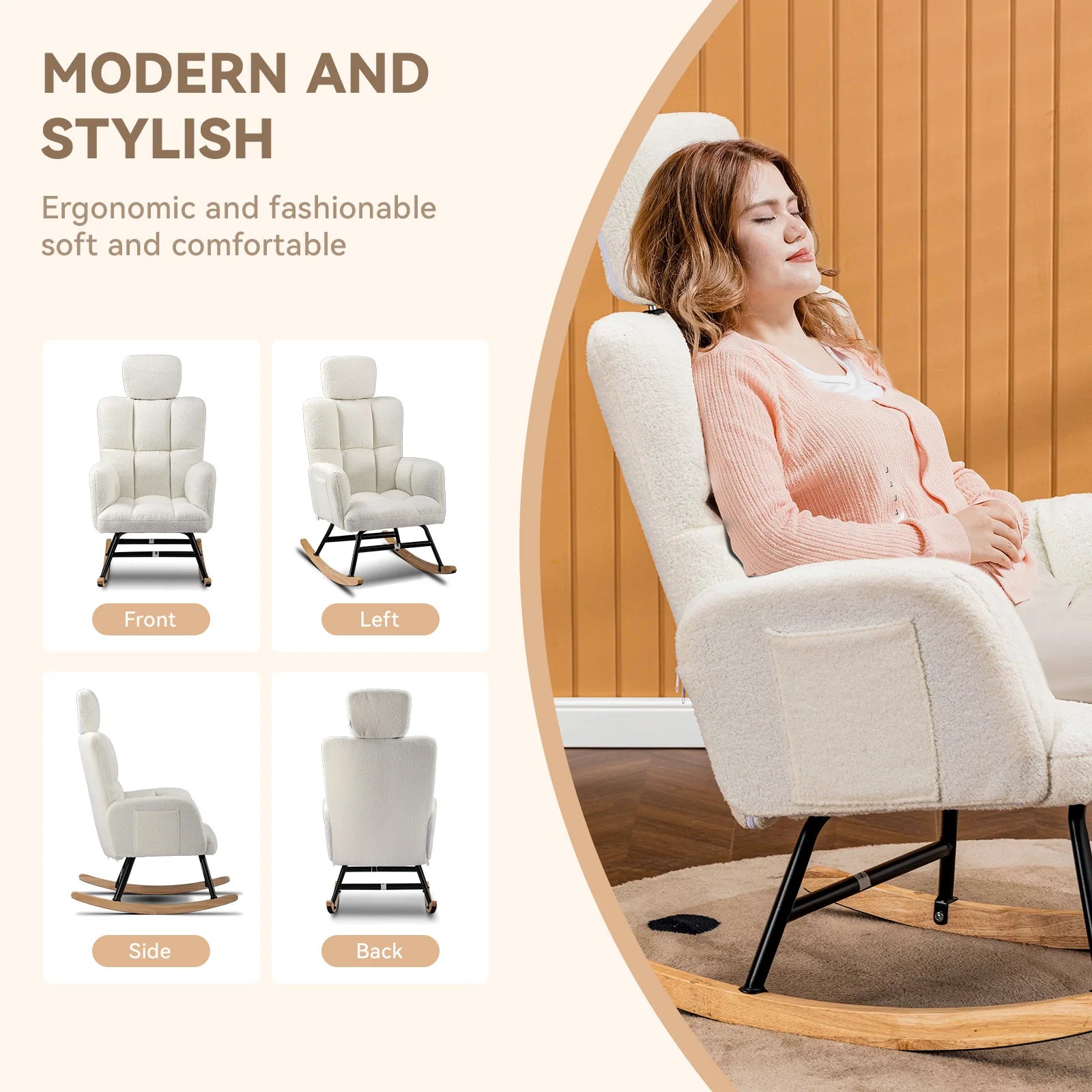 Schommelstoel Teddy – Rocking Chair met Armleuningen en Hoofdsteun – Zachte Fauteuil Beige