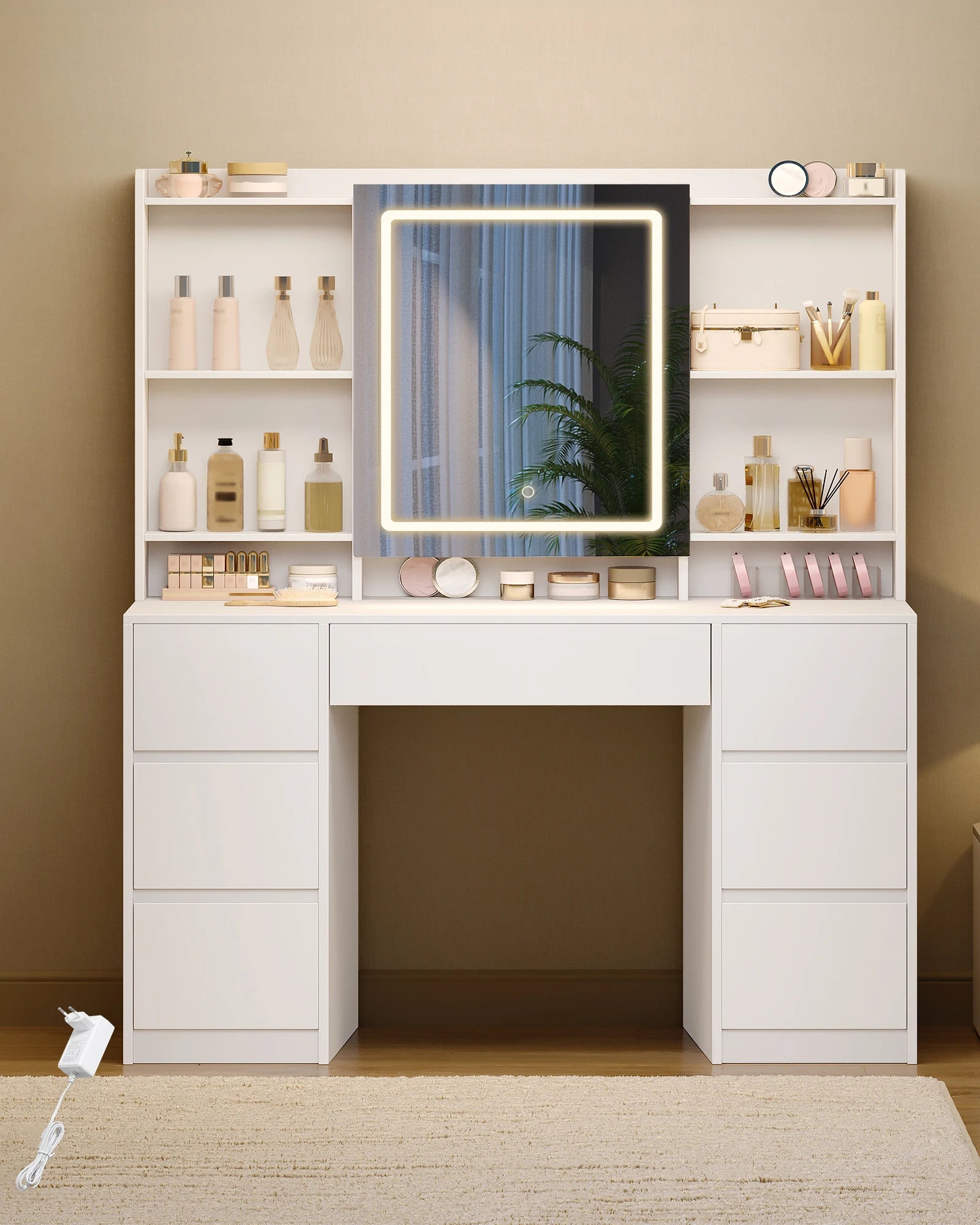 Grote Kaptafel met LED‑Spiegel en Verstelbare Verlichting – 7 Laden & 4 Open Planken – Moderne Make‑Up Tafel voor Slaapkamer