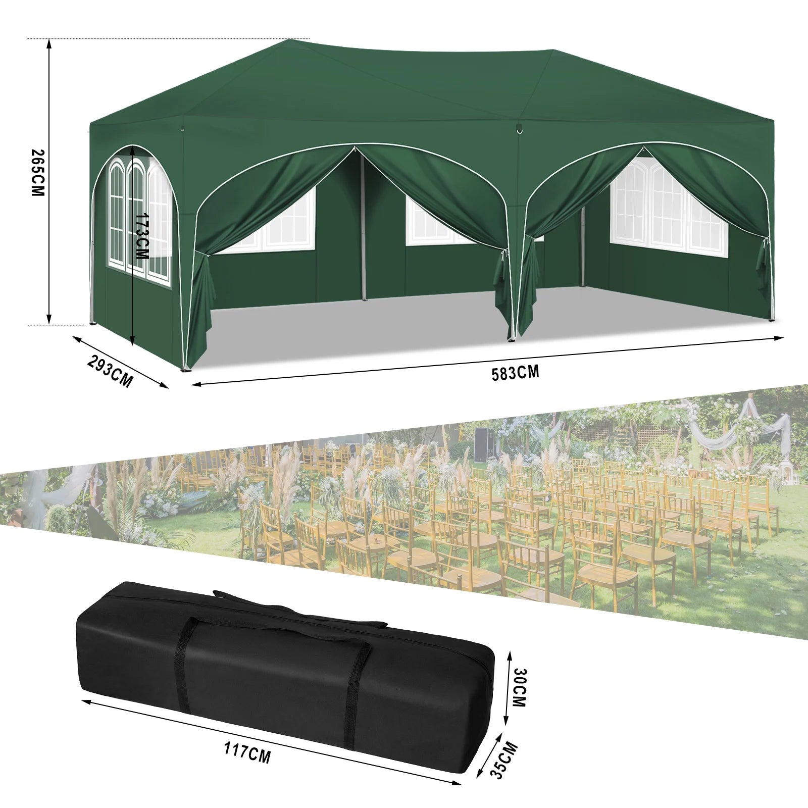 Folding Pavilion Gazebo 3X6M Garden Canopy with 6 Sidewalls Adjustable Height Waterproof UV Protection Party Tent with Bag