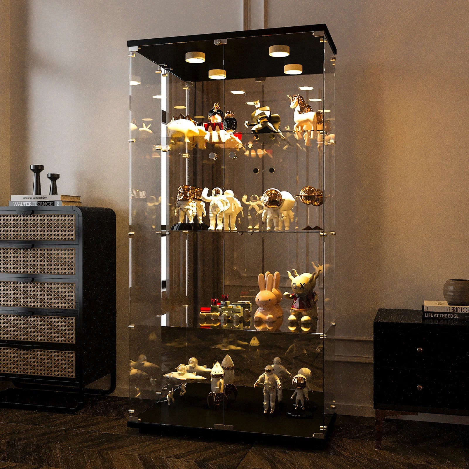 Staande LED Vitrinekast met 4 Niveaus – Moderne Displaykast voor Woonkamer & Slaapkamer