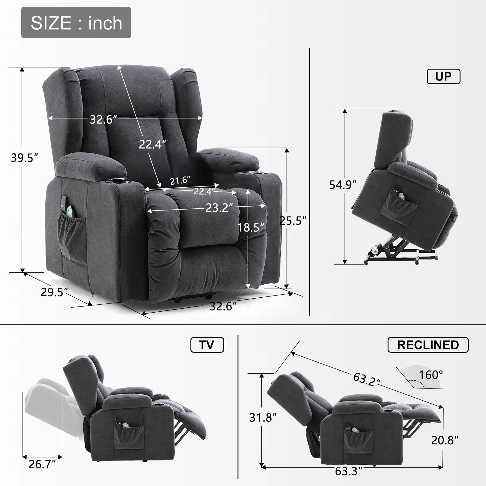 Elektrische Relaxfauteuil met Sta-op-Hulp, Massagefunctie & Stoffen Bekleding – TV‑stoel voor Woonkamer