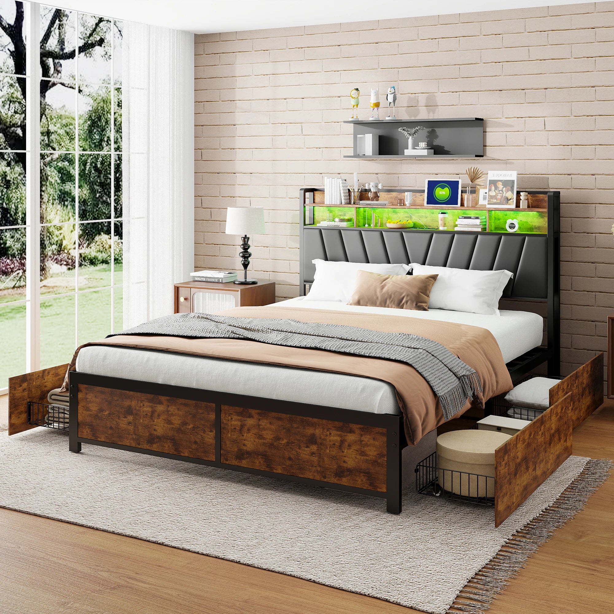 Tweepersoonsbedframe met LED‑verlichting en opbergruimte – 140‑180×200 cm