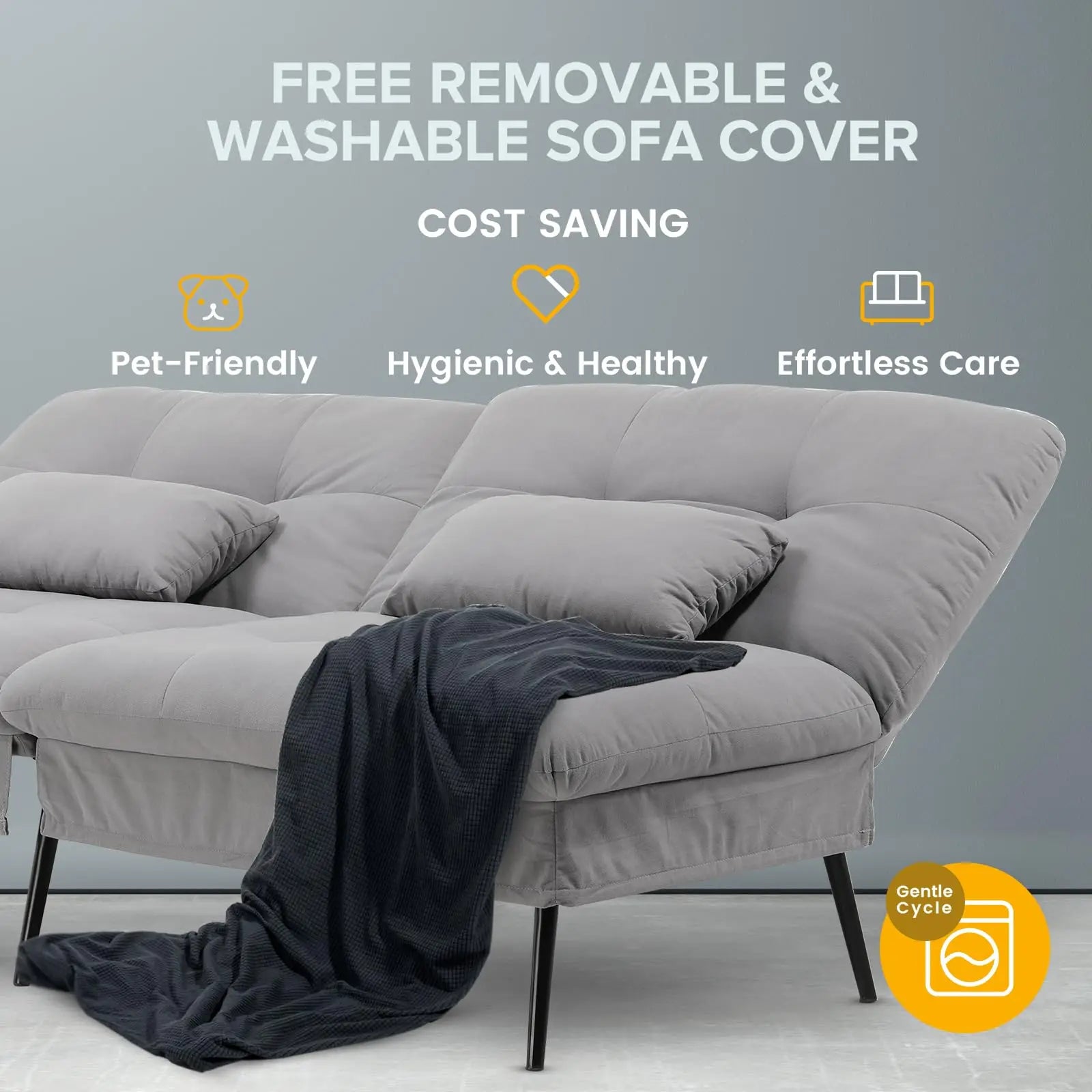 3-Zits Opvouwbare Slaapbank – Futon Hoekbank met Verstelbare Rugleuning – Grijs Stoffen Sofa Bed