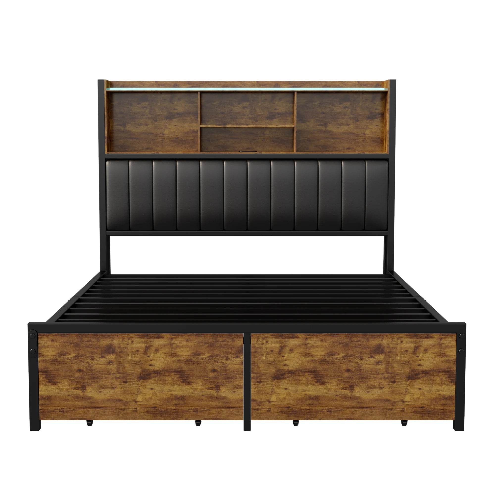 Bedframe 140–180x200 cm Zwart met LED‑verlichting en USB‑poorten – Gestoffeerd Opbergbed