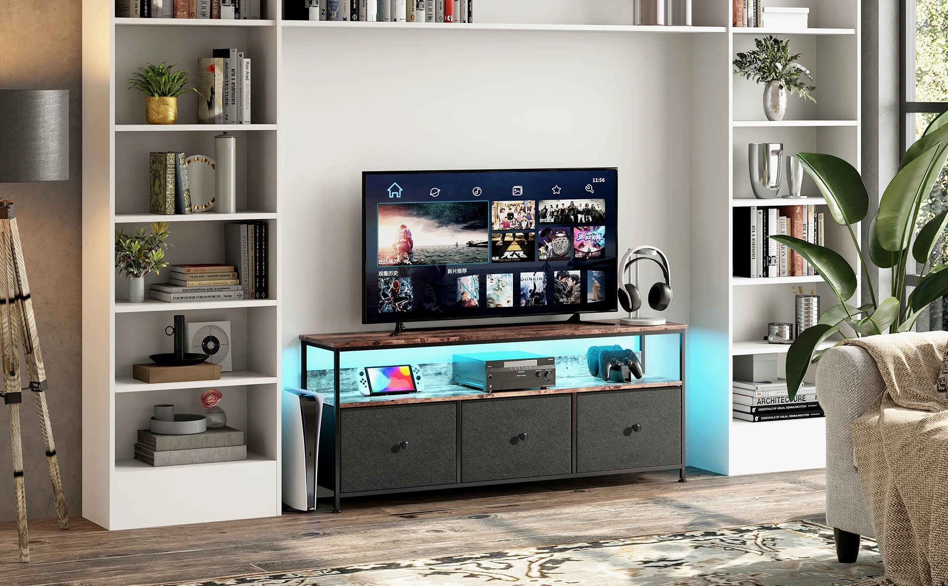 Vintage LED TV‑Meubel met 3 Stoffen Lades – Industrieel & Retro Design