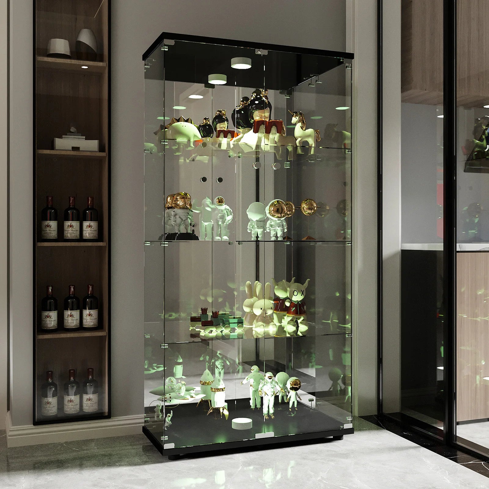 Staande LED Vitrinekast met 4 Niveaus – Moderne Displaykast voor Woonkamer & Slaapkamer