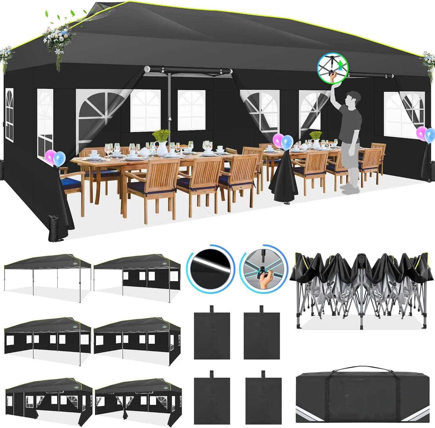 3X6 Pop-Up Gazebo, Waterproof Party Tent with 6 Sidewalls,Garden Gazebo with Reflective Stripes&Ventilation Opening for Weddings