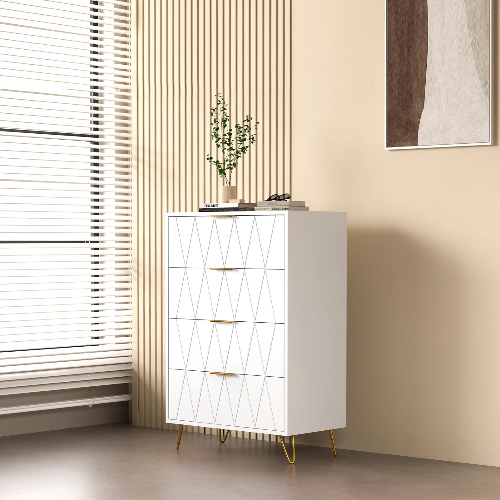 Ladekast 6 Laden – Moderne Dressoir Kast MDF met Gouden Handgrepen en Metalen Poten – Opbergkast voor Woonkamer en Slaapkamer