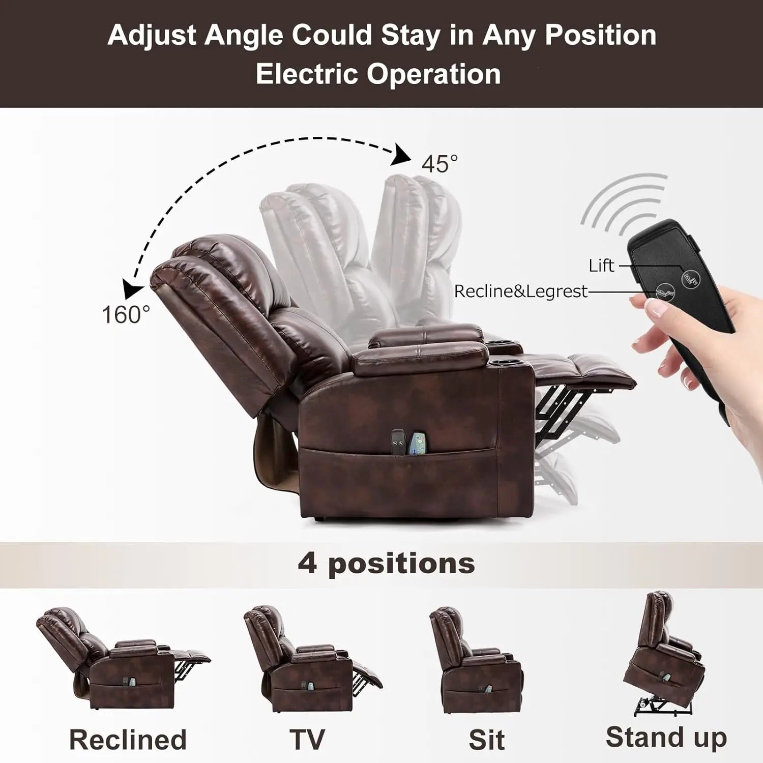 Elektrische Sta-op Relaxfauteuil met Massagefunctie – Verstelbare TV Stoel met Liftfunctie, Kunstleer & Bekerhouders